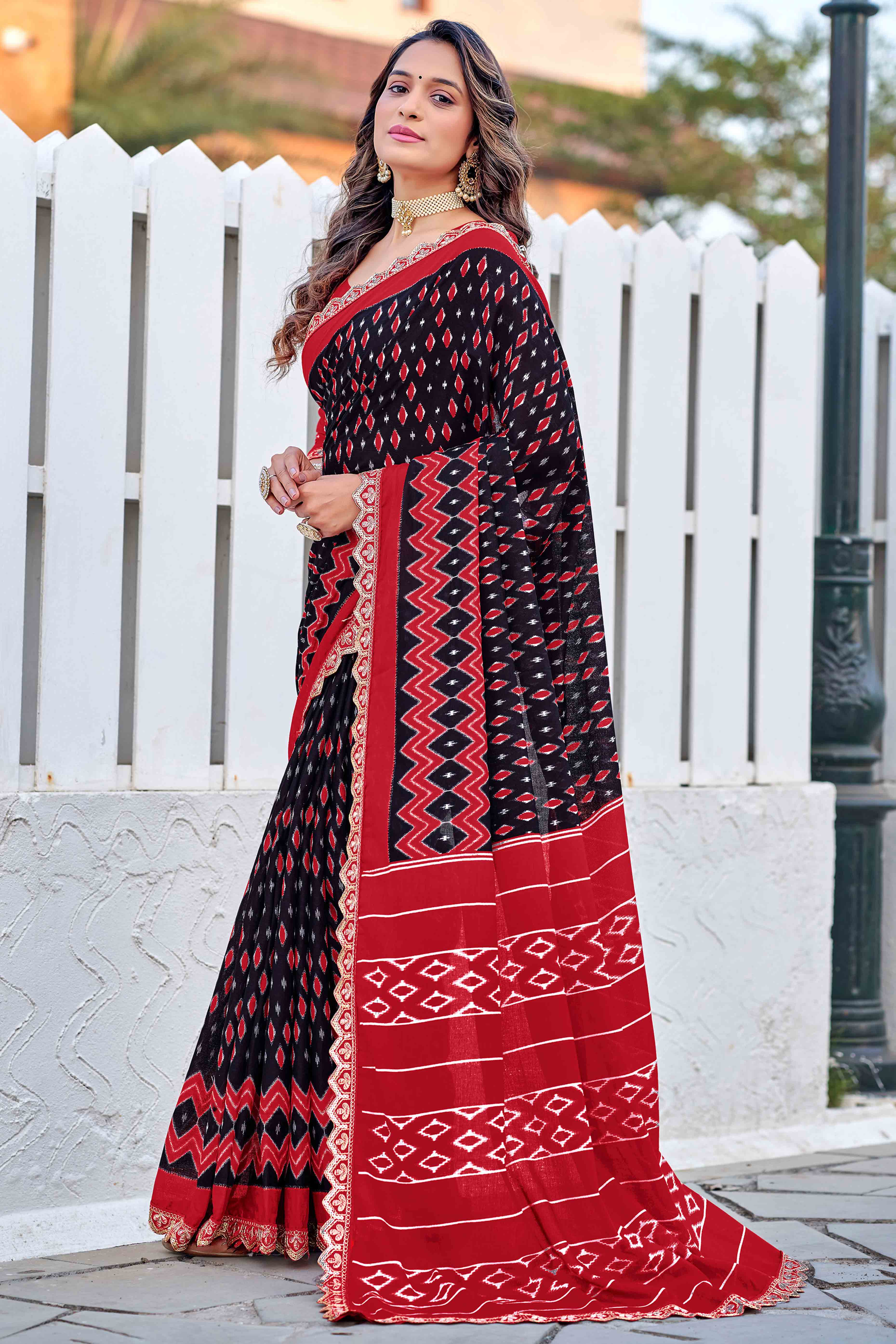 Mulmul Cotton Black & Red Ikkat Saree with Embroidered Lace Detailing