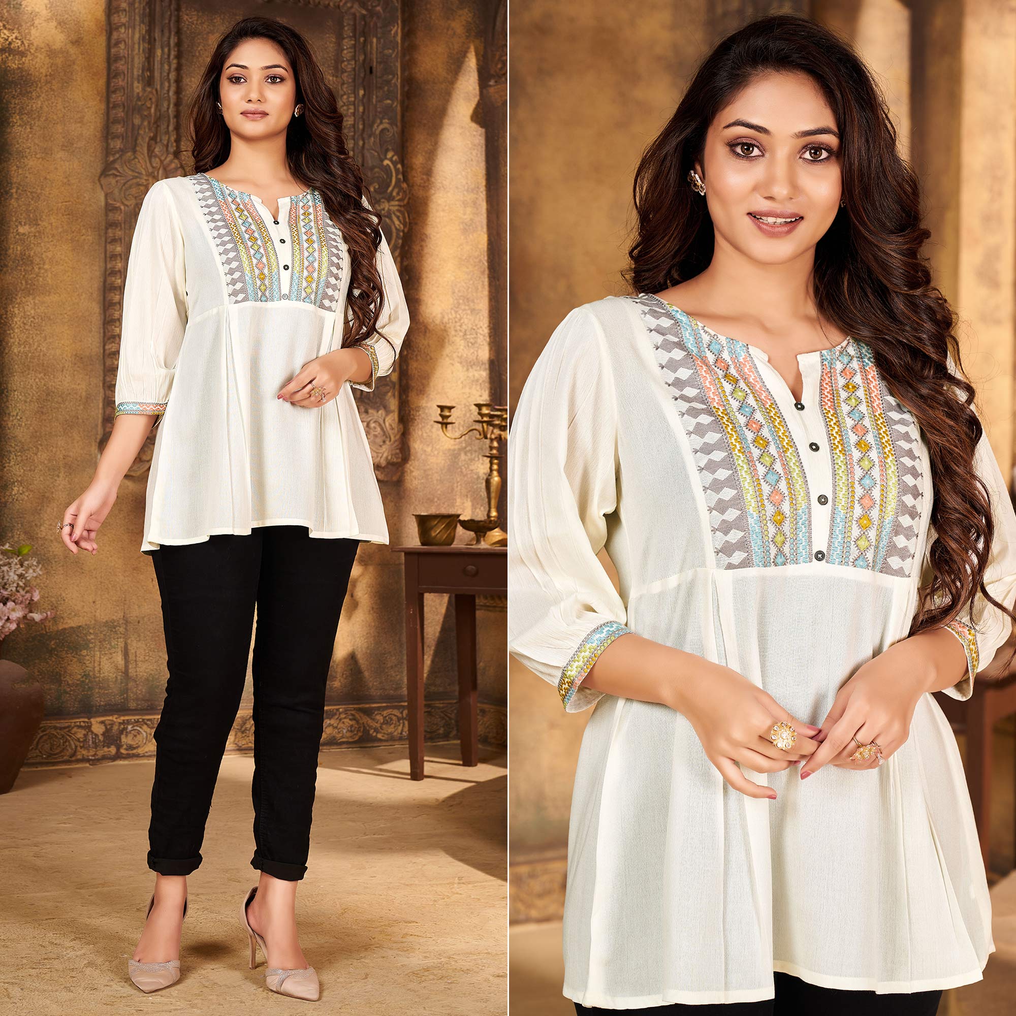 White Embroidered Rayon Top
