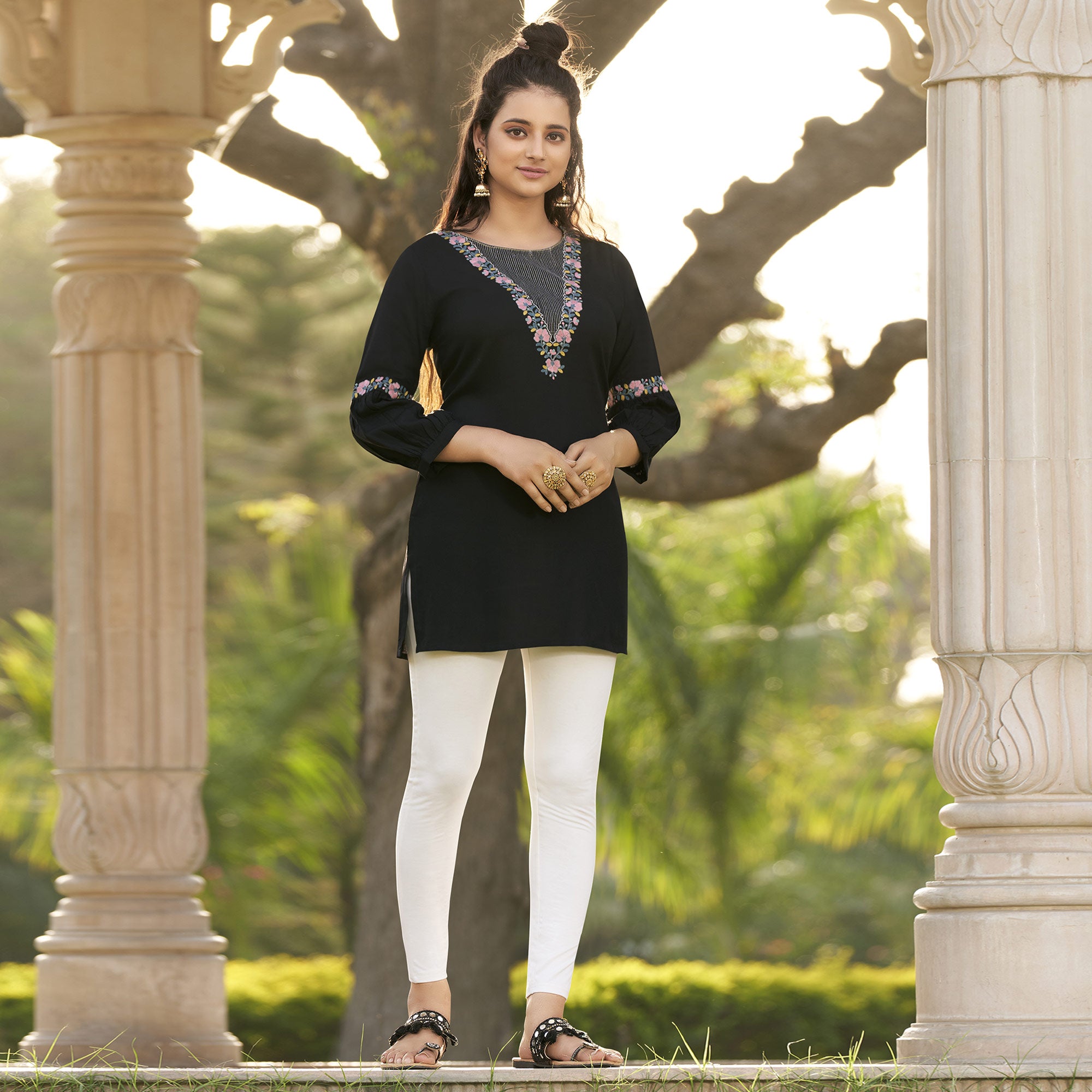 Black Floral Embroidered Rayon Top