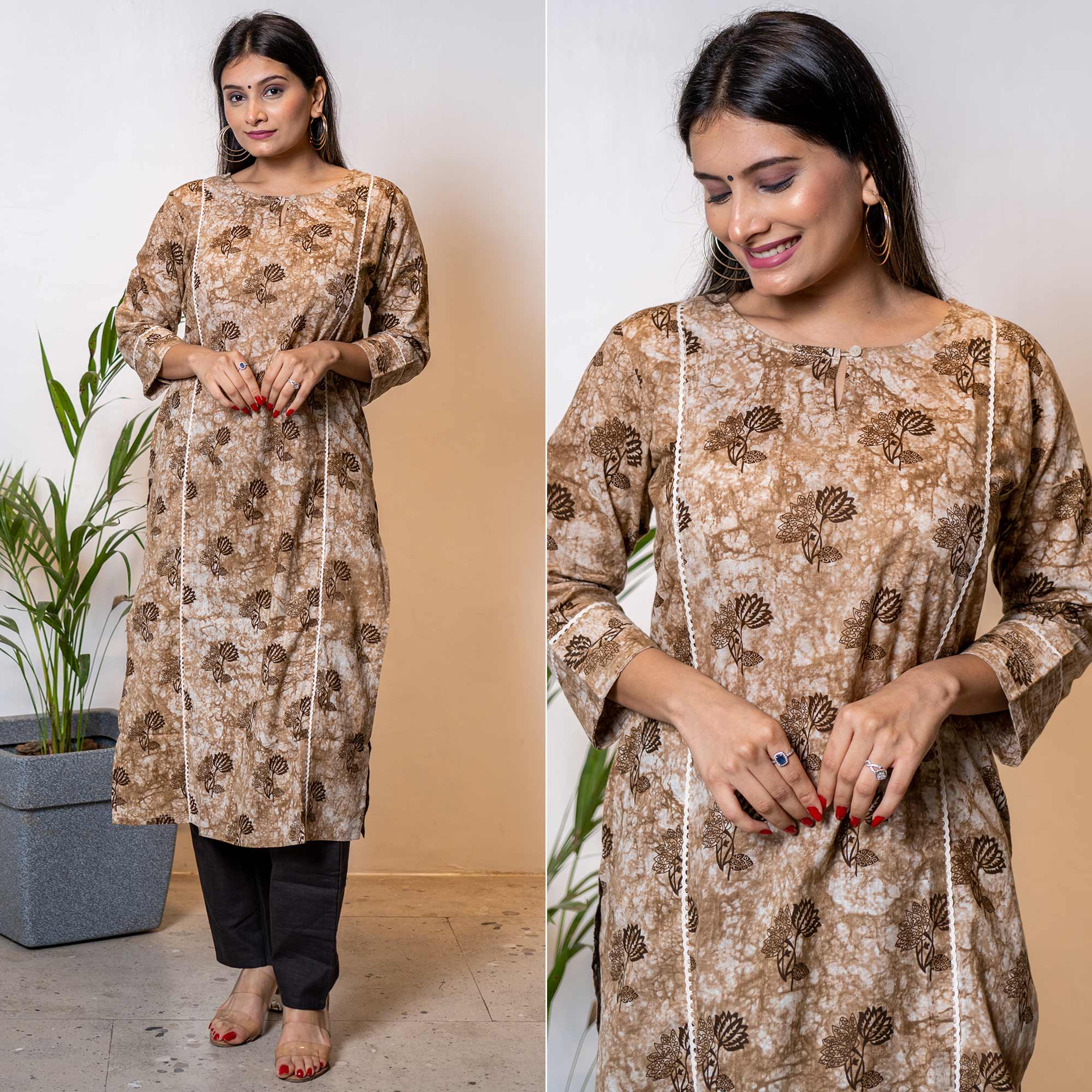 Brown Floral Printed Pure Cotton kurti