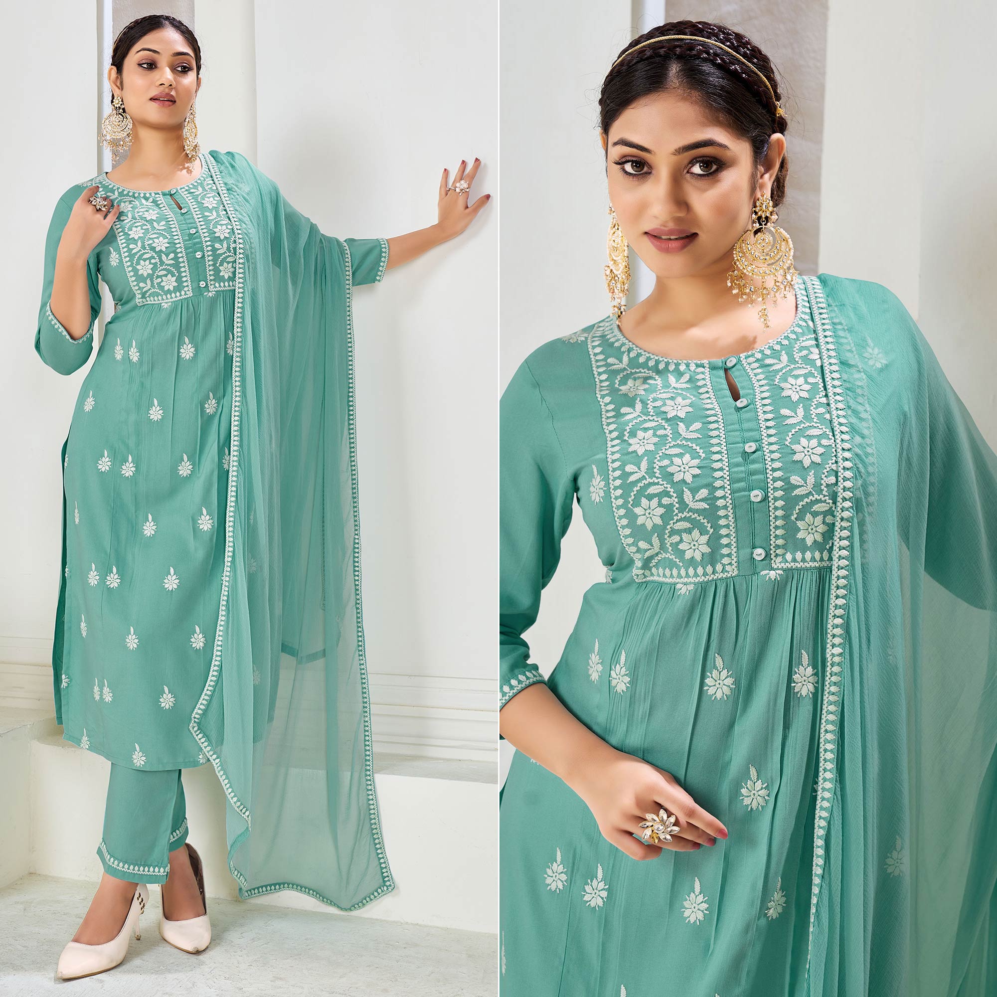 Turquoise Embroidered Rayon Suit