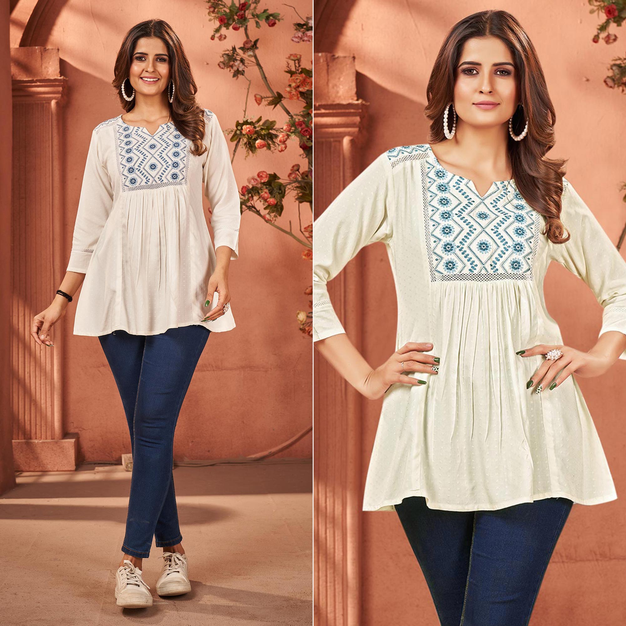 Cream Floral Embroidered Rayon Kurti