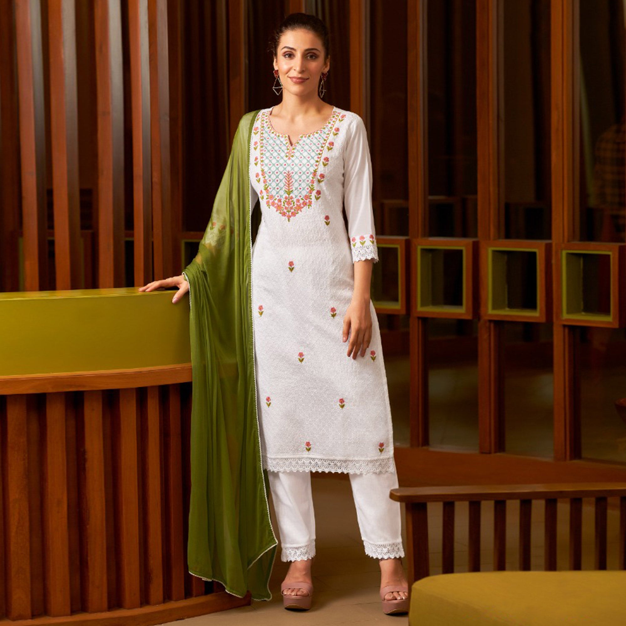 White & Green Floral Embroidered Pure Cotton Salwar Suit