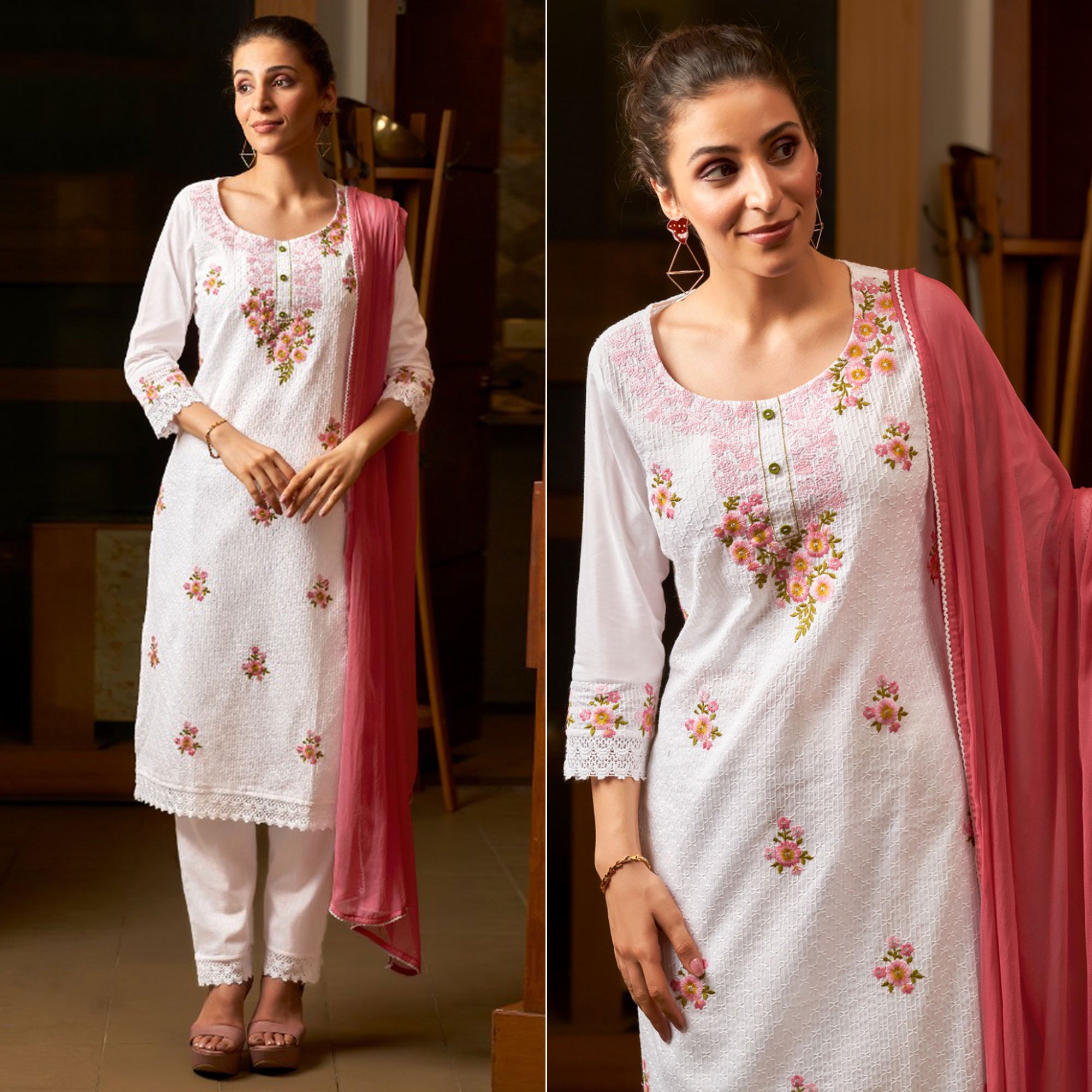 White & Pink Floral Embroidered Pure Cotton Salwar Suit