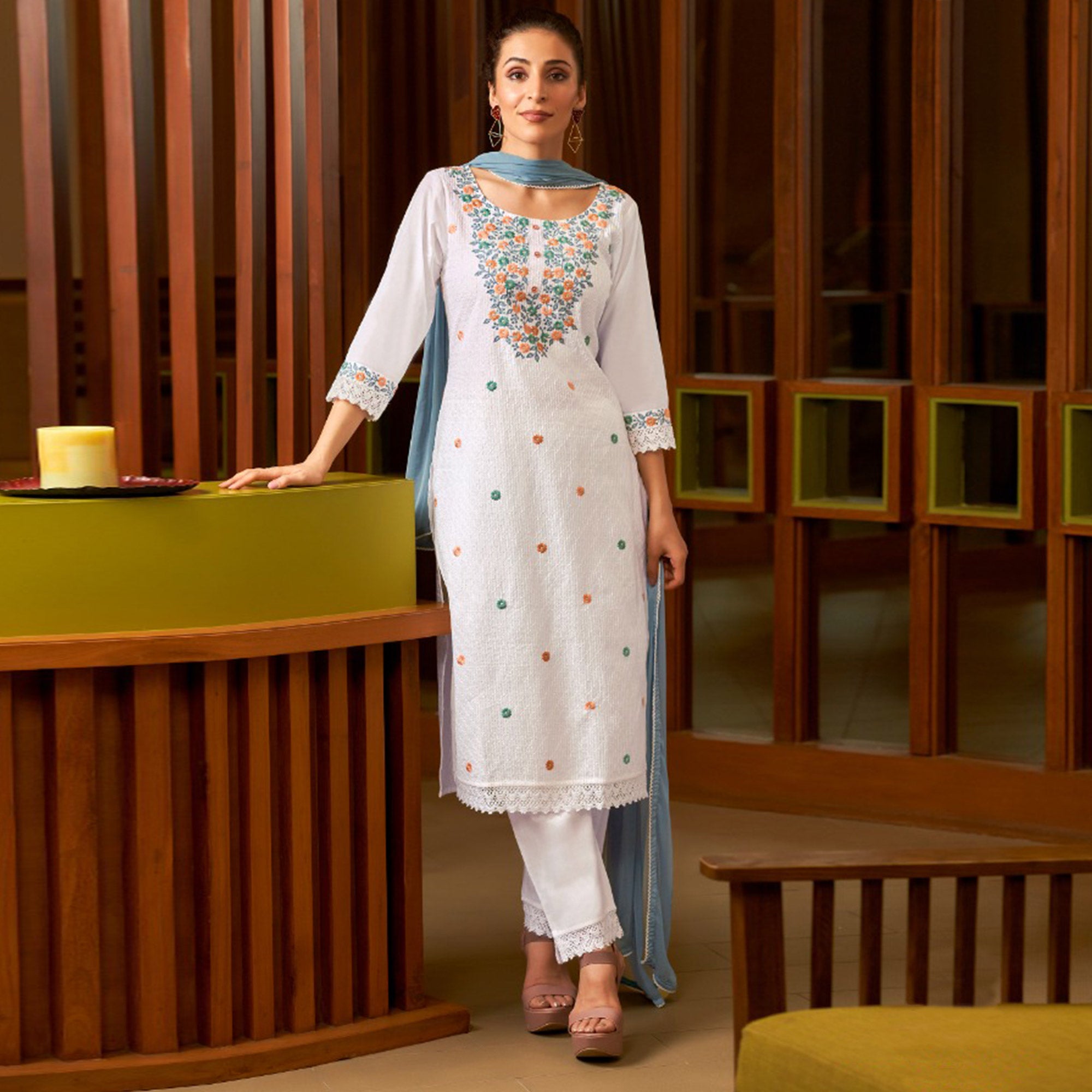 White & Blue Floral Embroidered Pure Cotton Salwar Suit