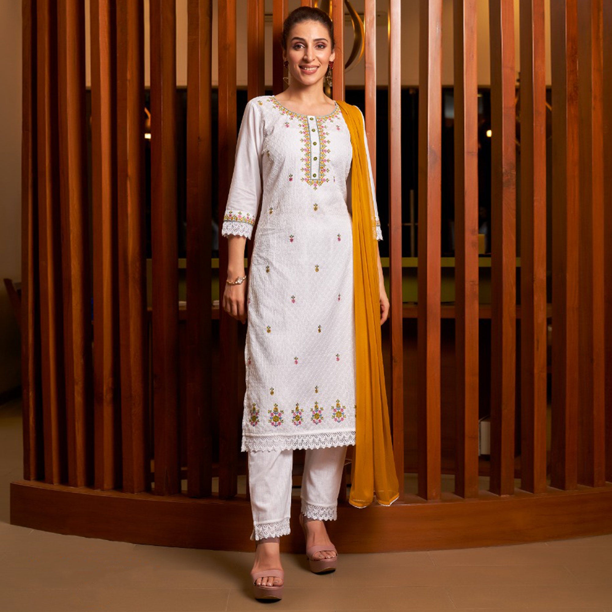 White & Yellow Floral Embroidered Pure Cotton Salwar Suit