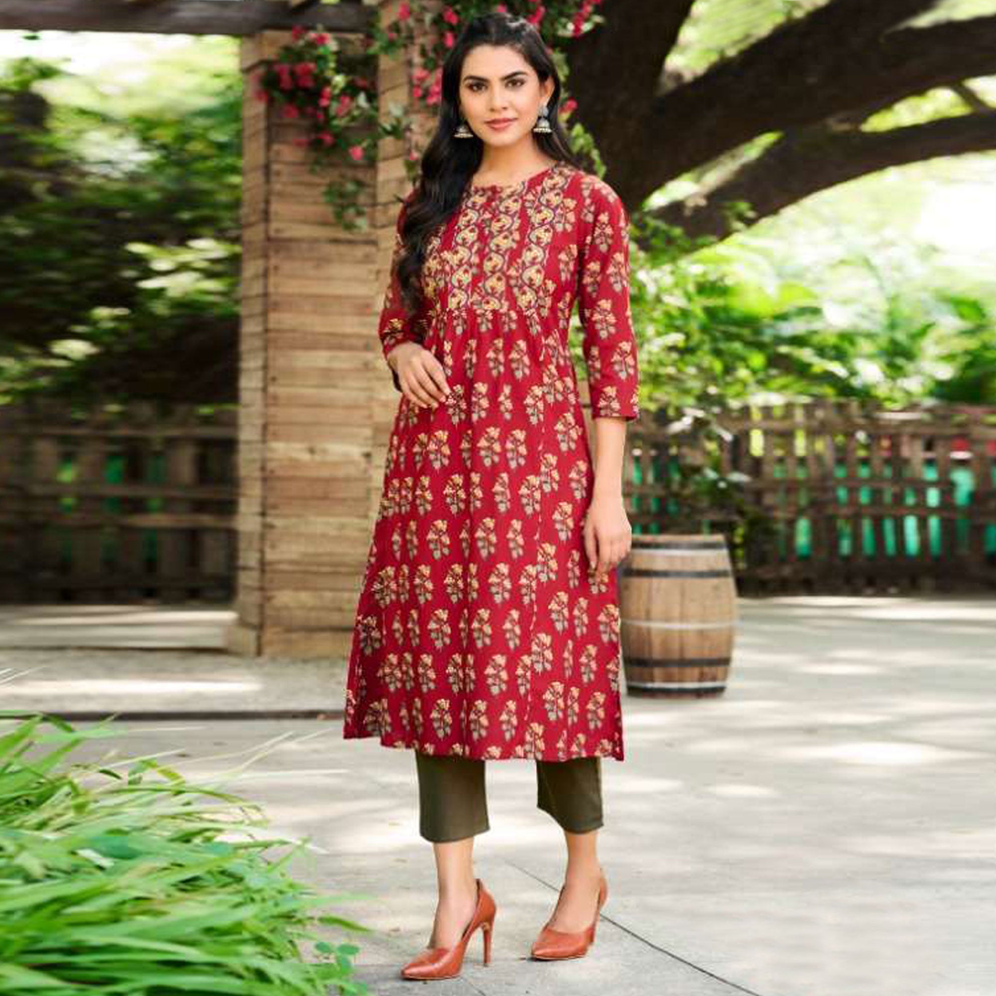 Maroon Jaipuri Printed Pure Cotton Kurti