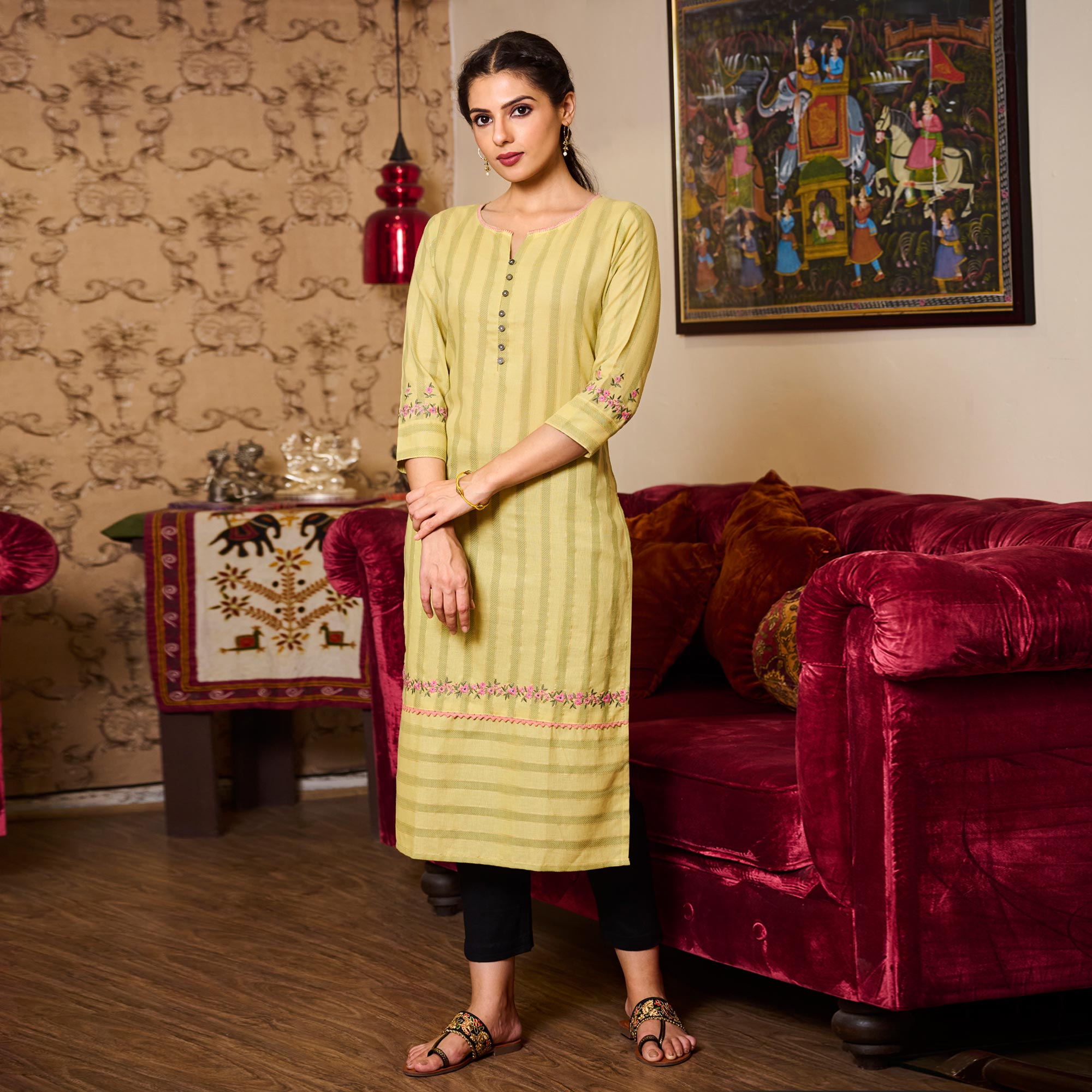 Mustard Floral Embroidered Pure Cotton Kurti