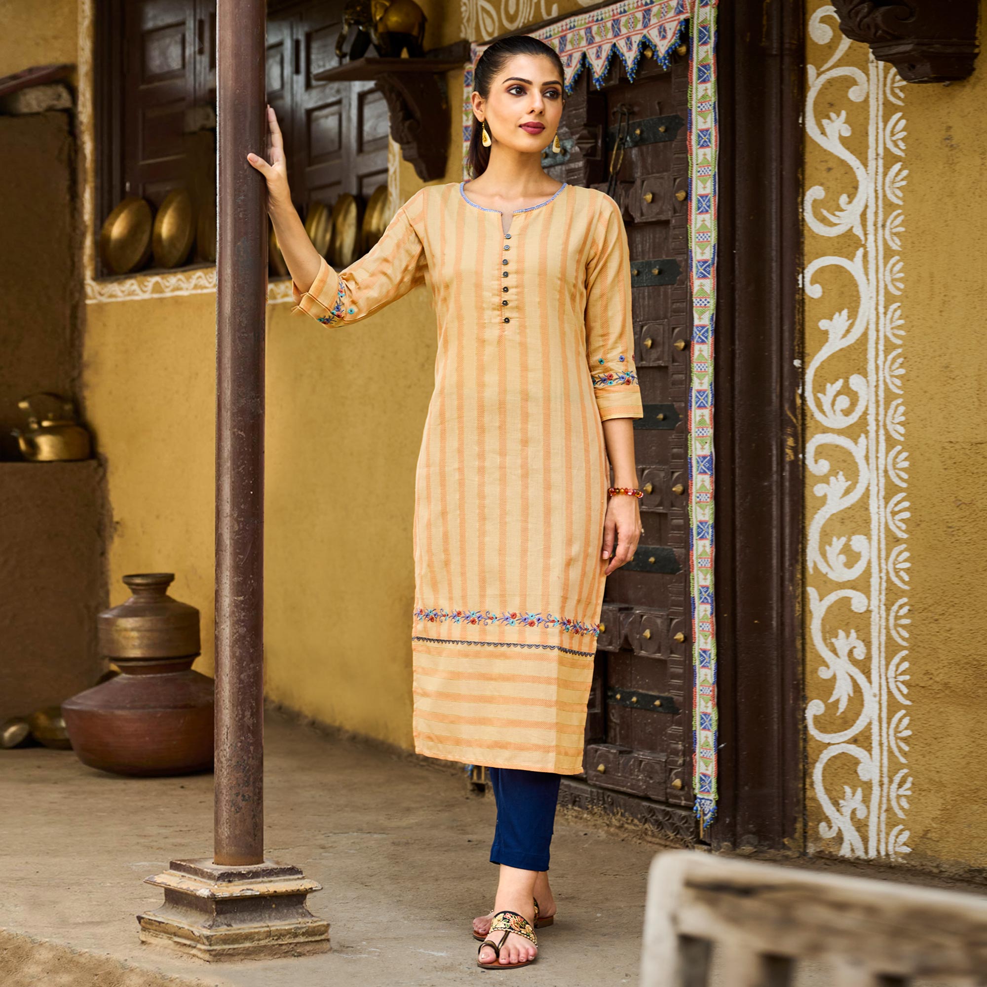 Orange Floral Embroidered Pure Cotton Kurti