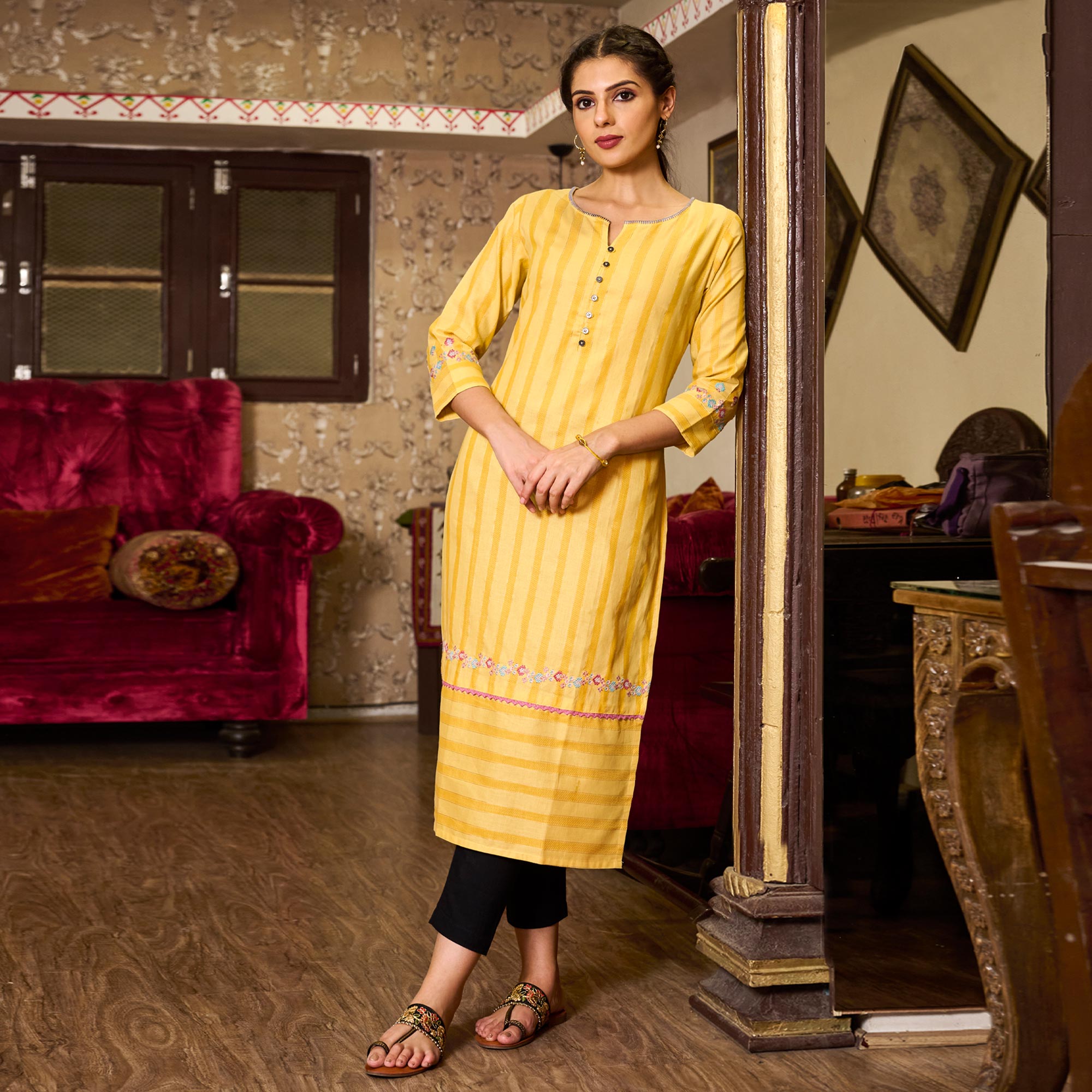 Yellow Floral Embroidered Pure Cotton Kurti