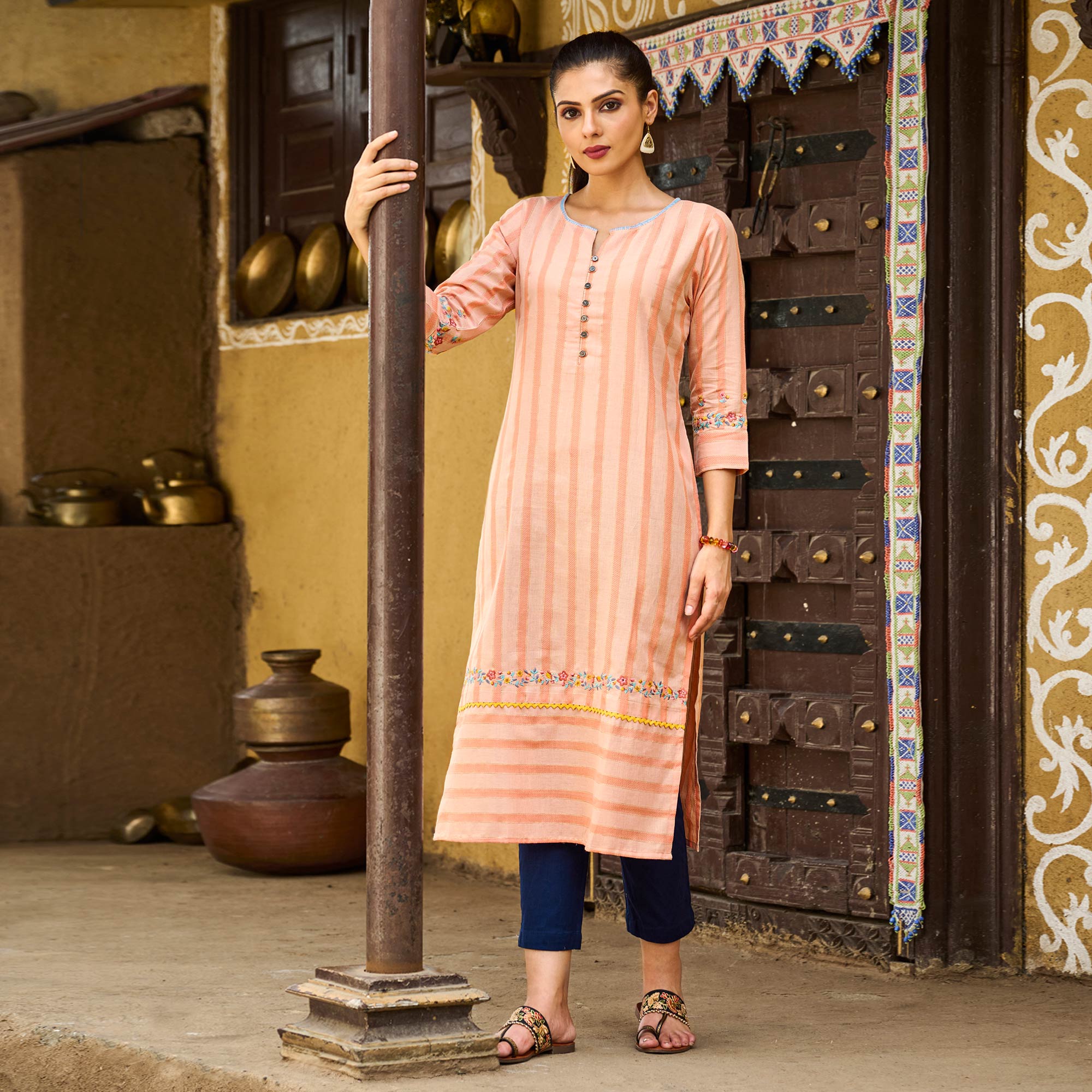 Peach Floral Embroidered Pure Cotton Kurti