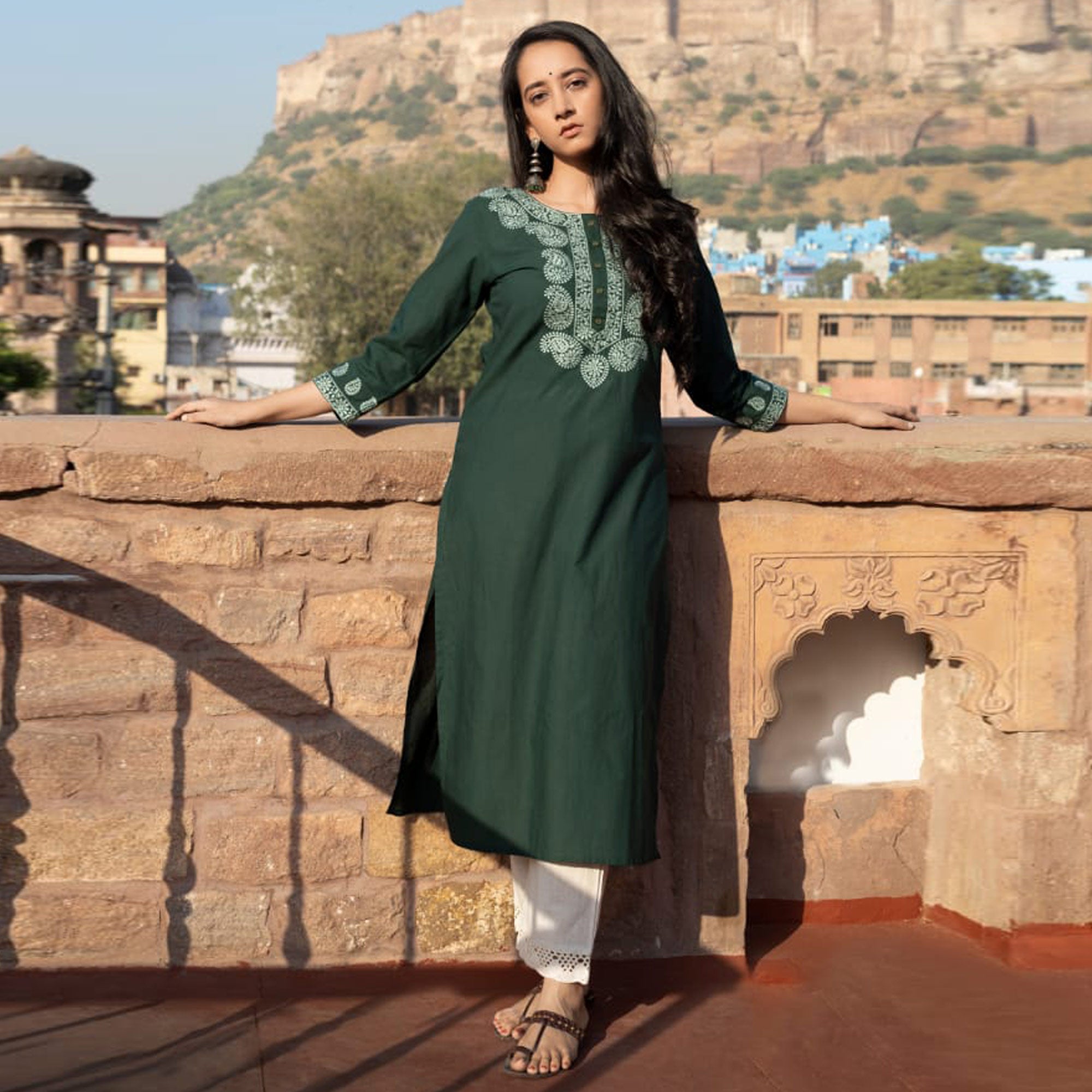 Green Embroidered Cotton Silk Kurti