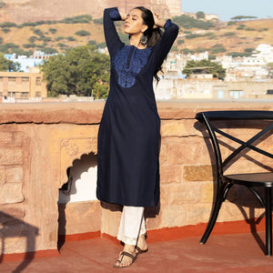 Blue Embroidered Cotton Silk Kurti