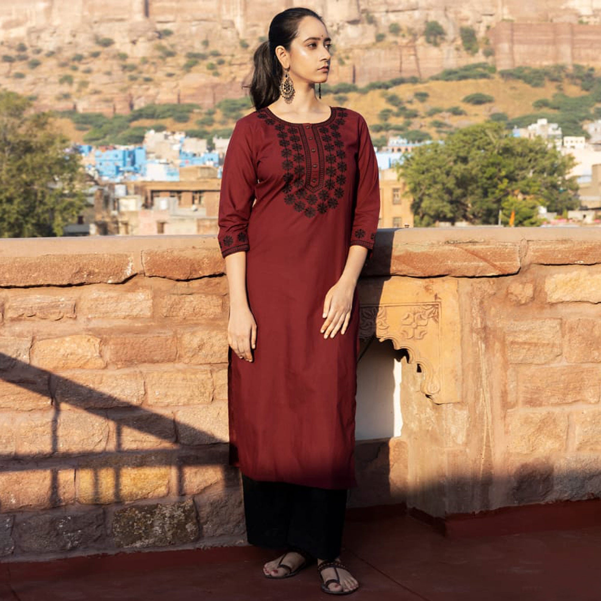 Maroon Embroidered Cotton Silk Kurti