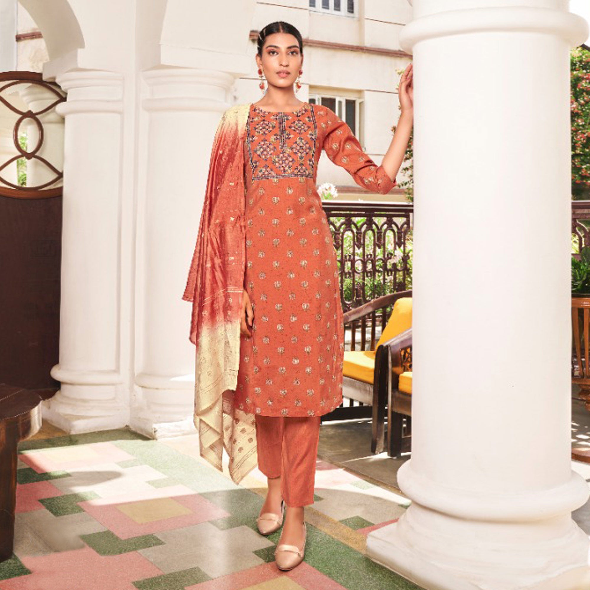 Orange Floral Printed Pure Cotton Salwar suit