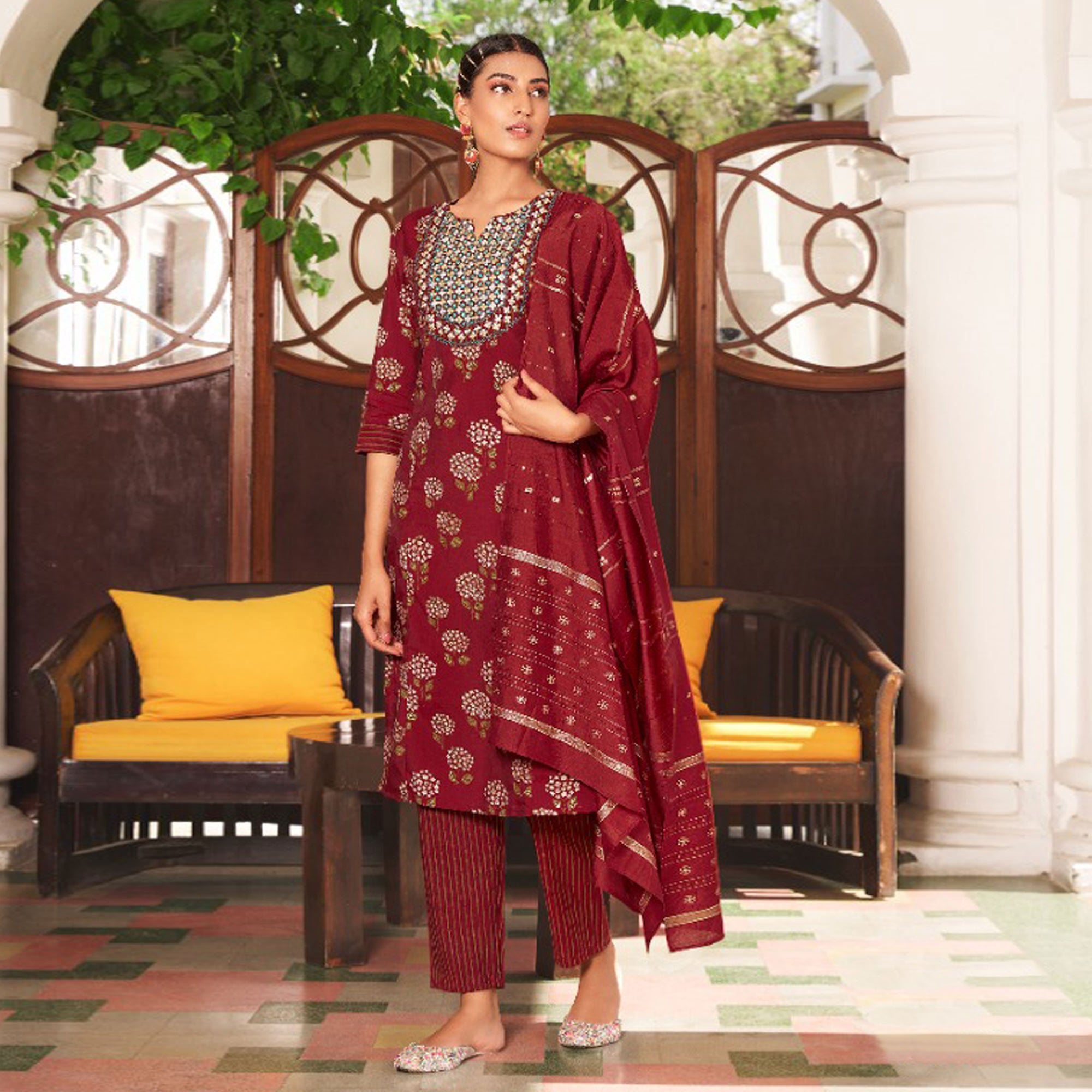 Maroon Floral Printed Pure Cotton Salwar suit