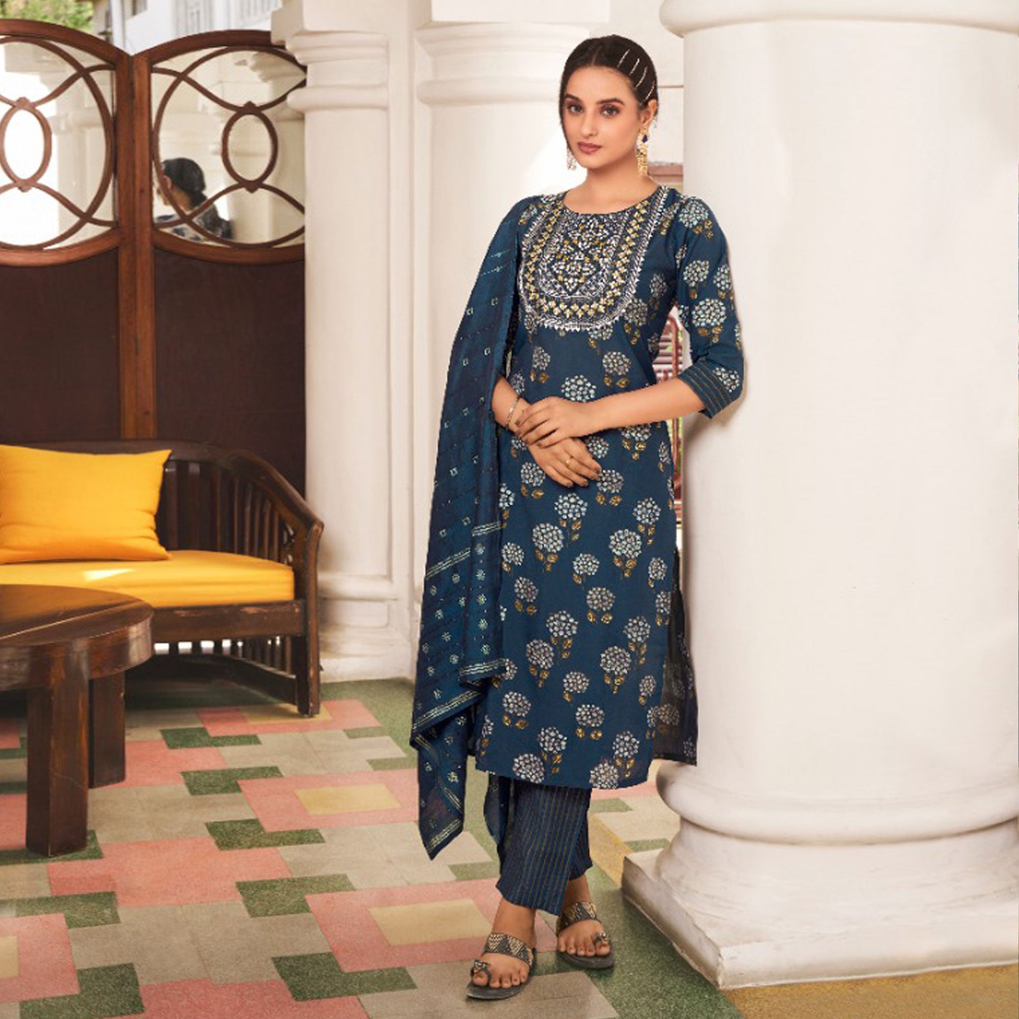 Blue Floral Printed Pure Cotton Salwar suit