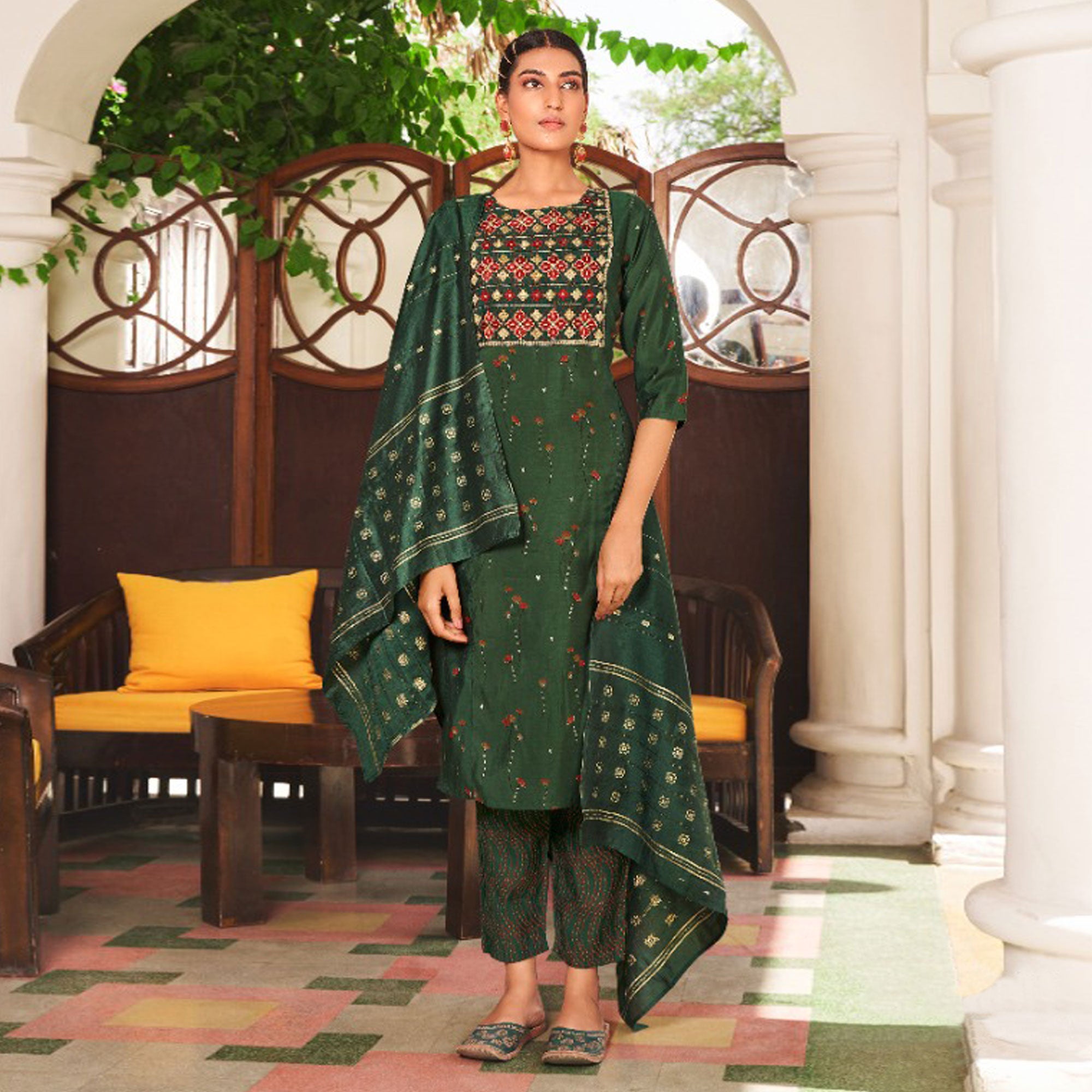 Green Floral Printed Pure Cotton Salwar suit