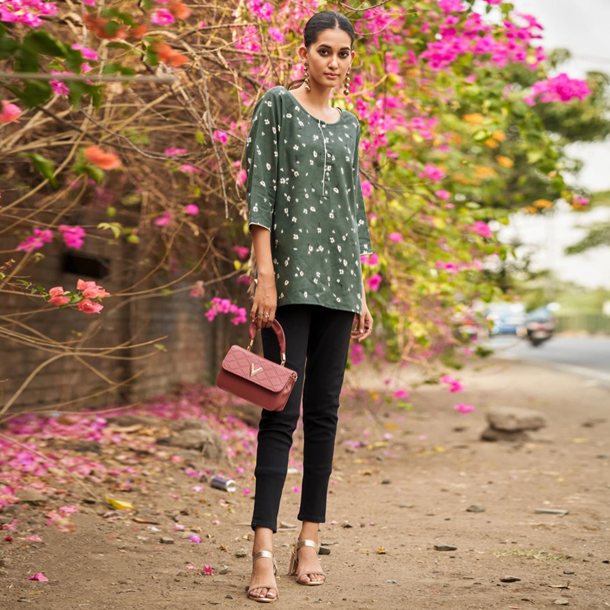 Green Floral Printed Cotton Blend Top