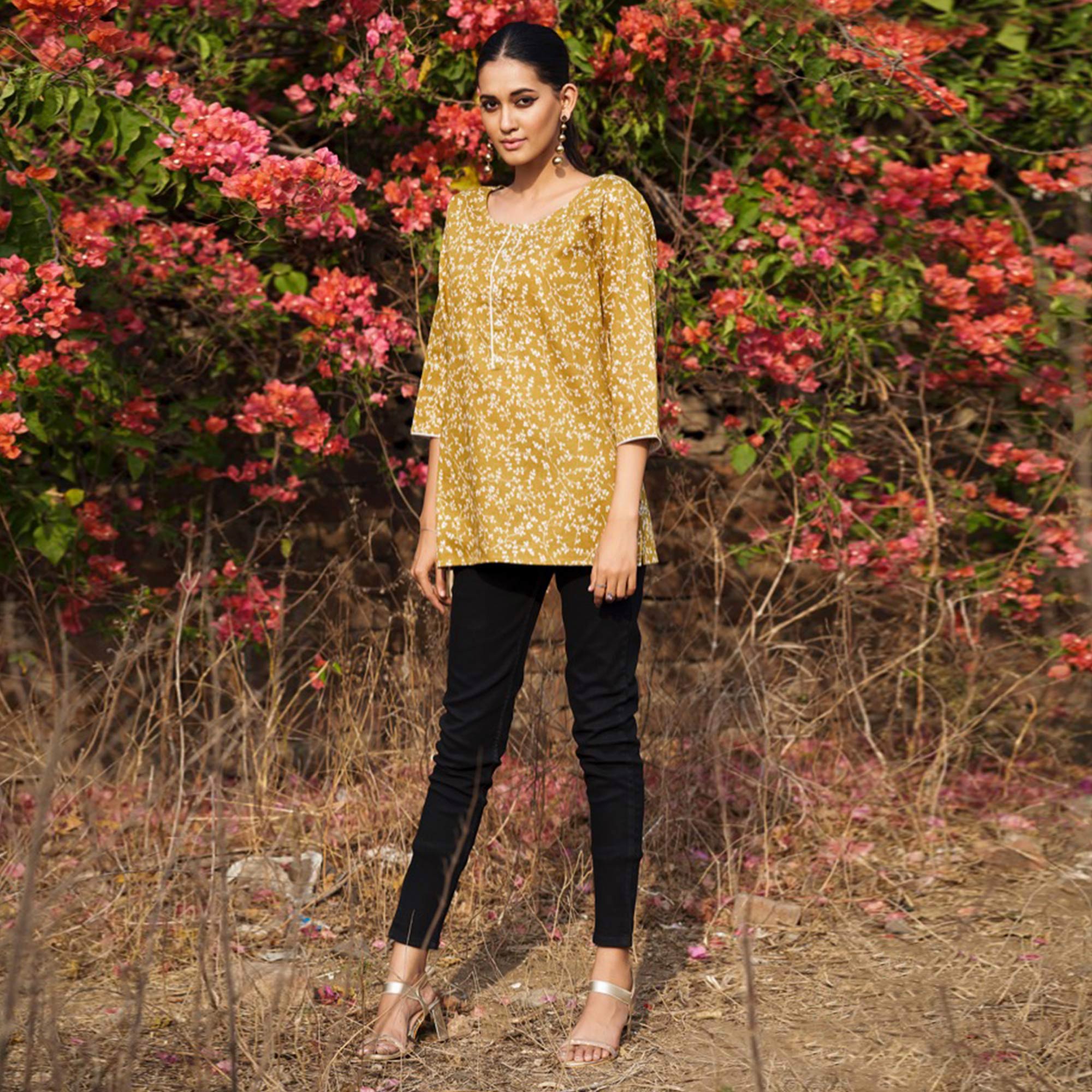 Mustard Floral Printed Cotton Blend Top