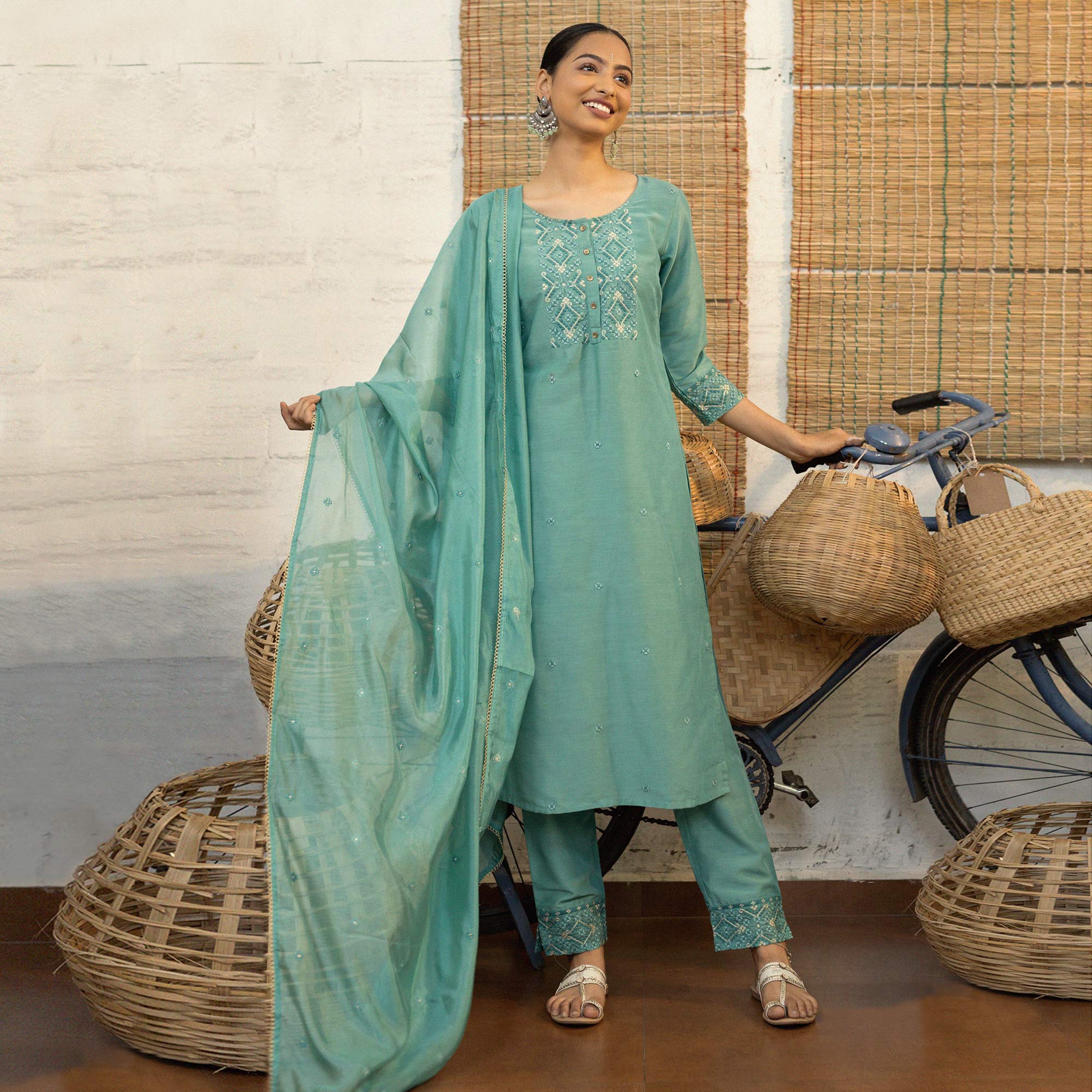 Turquoise Floral Embroidered Chanderi Salwar Suit