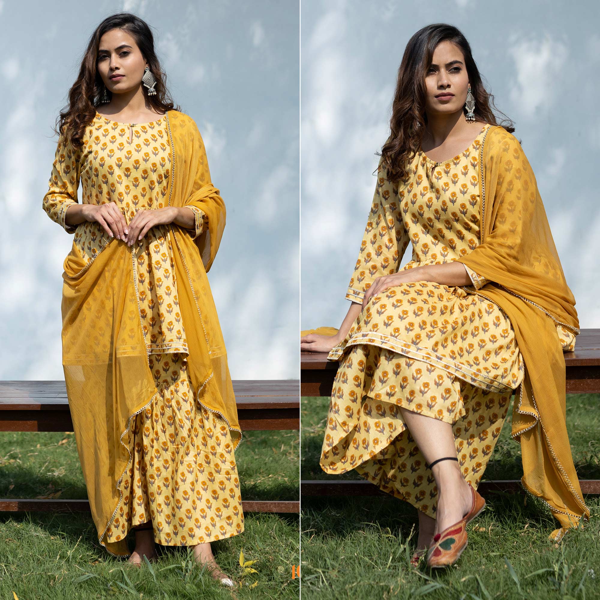 Mustard Printed Pure Cotton Sharara Suit