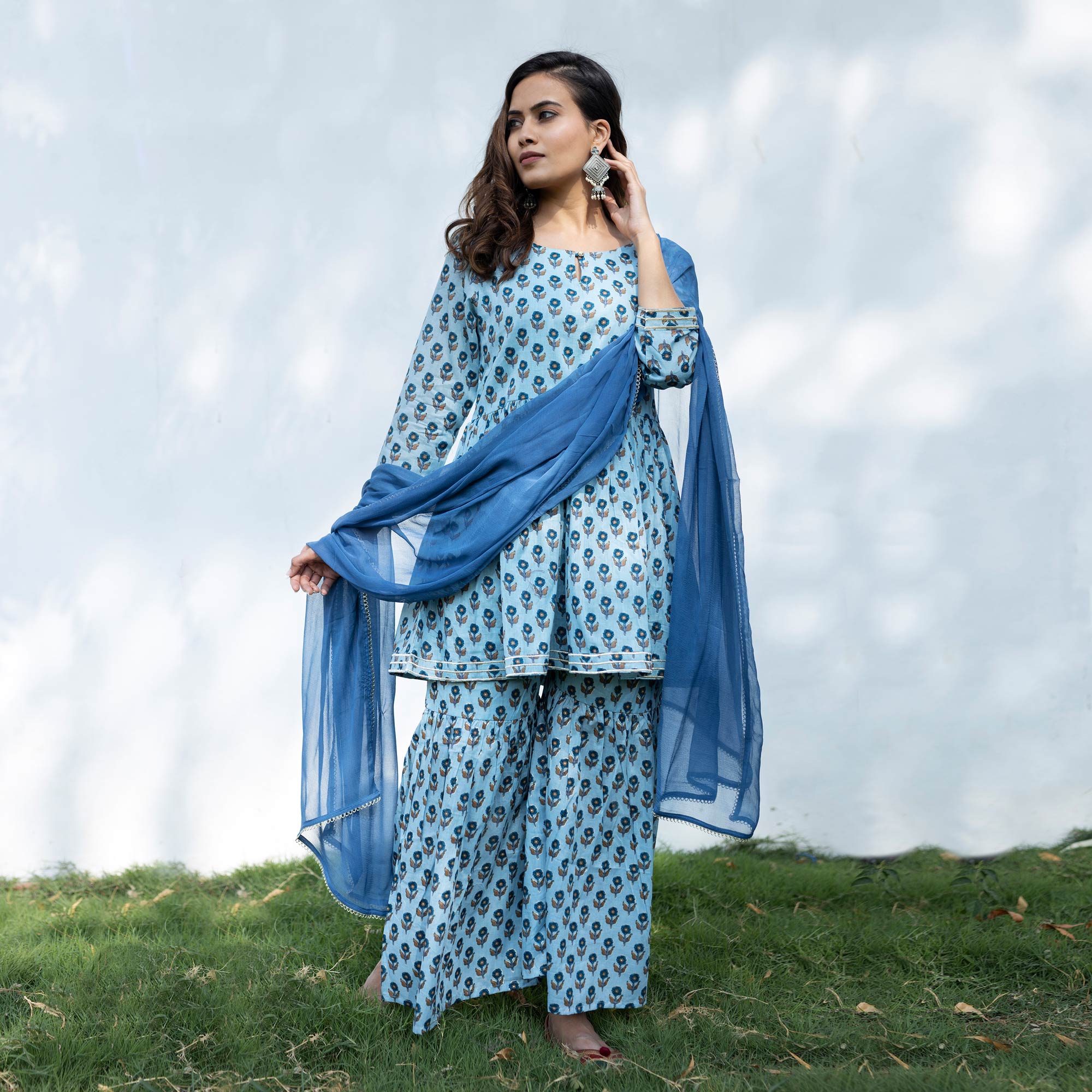 Blue Printed Pure Cotton Sharara Suit
