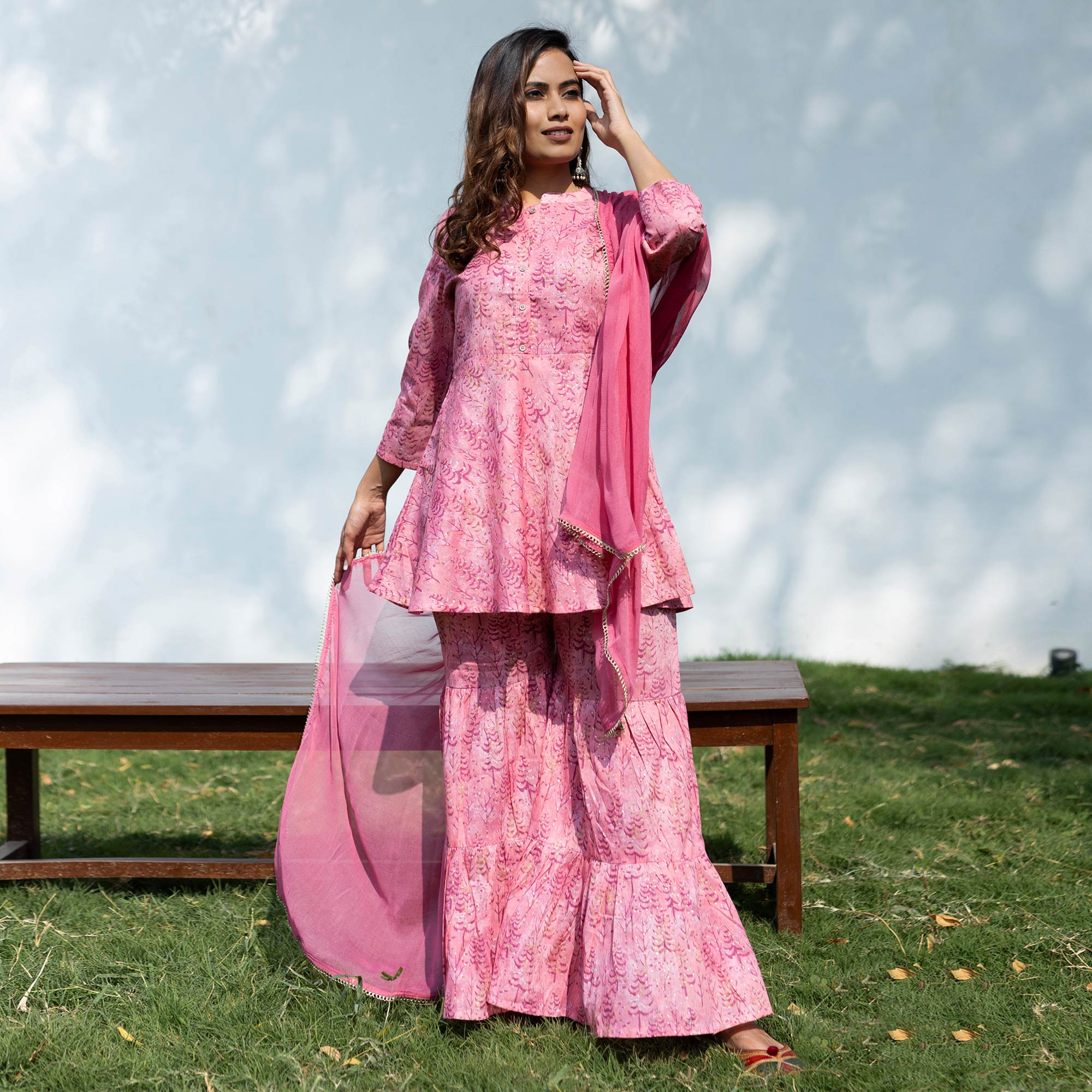 Pink Printed Pure Cotton Sharara Suit