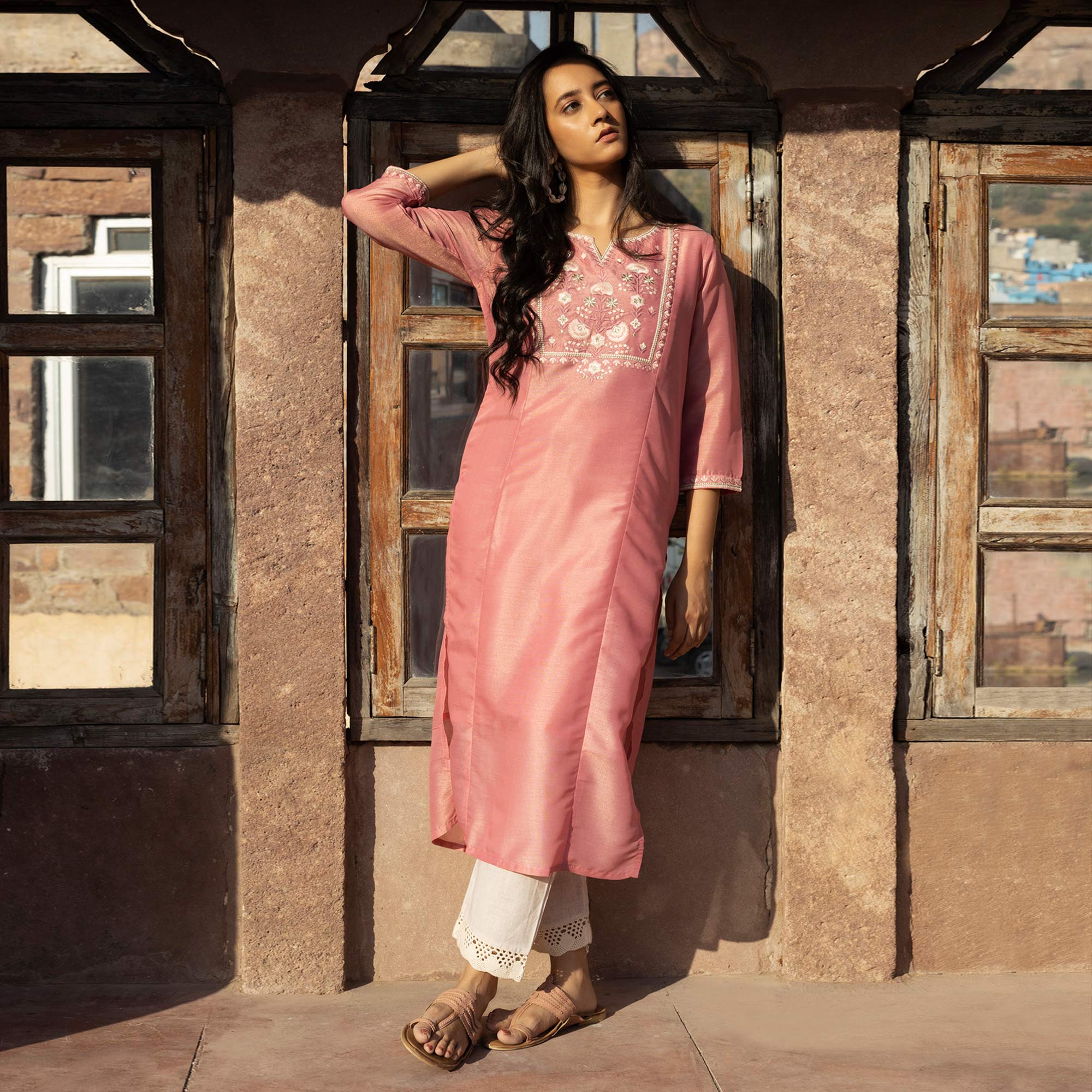 Pink Embroidered Cotton Silk Kurti