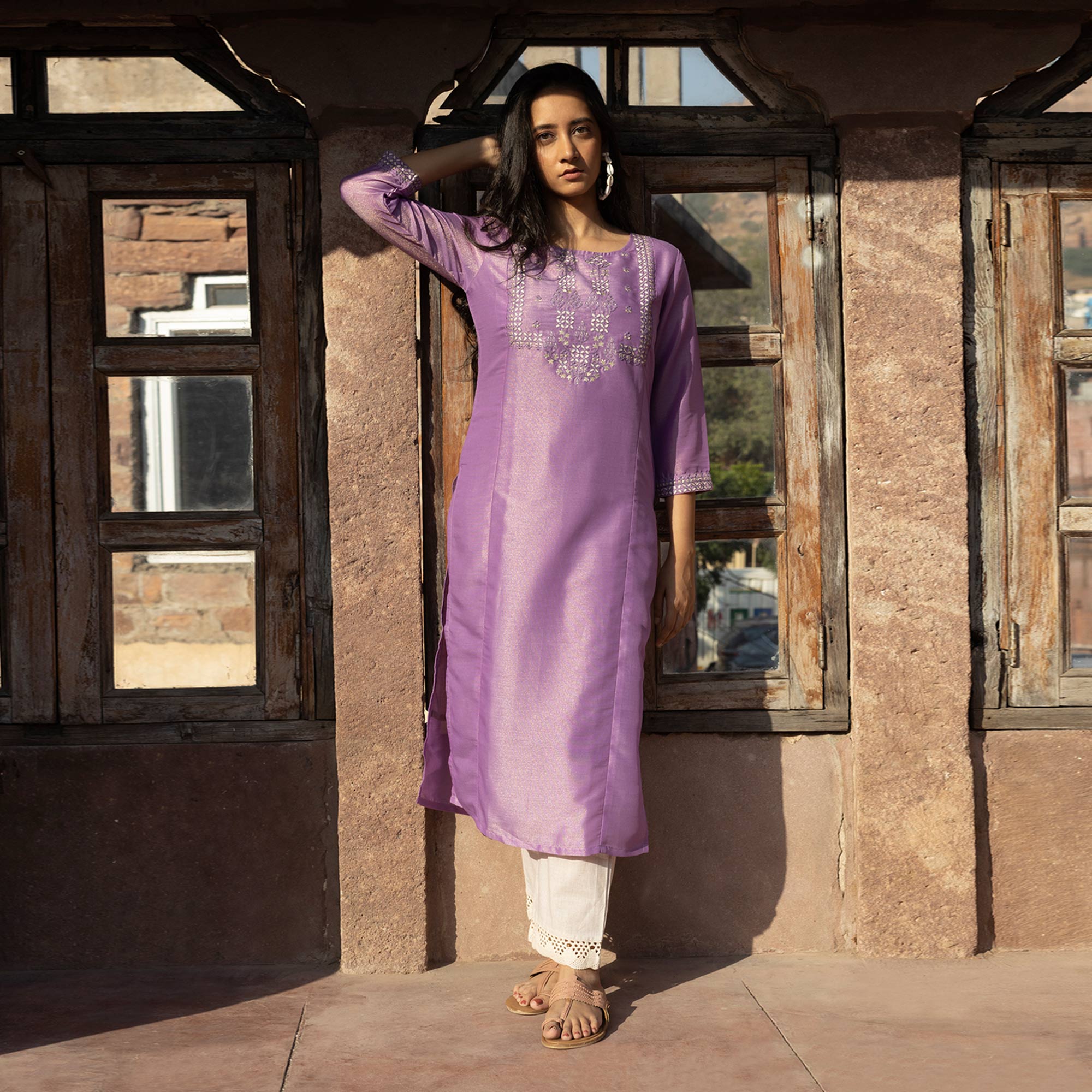 Purple Embroidered Cotton Silk Kurti