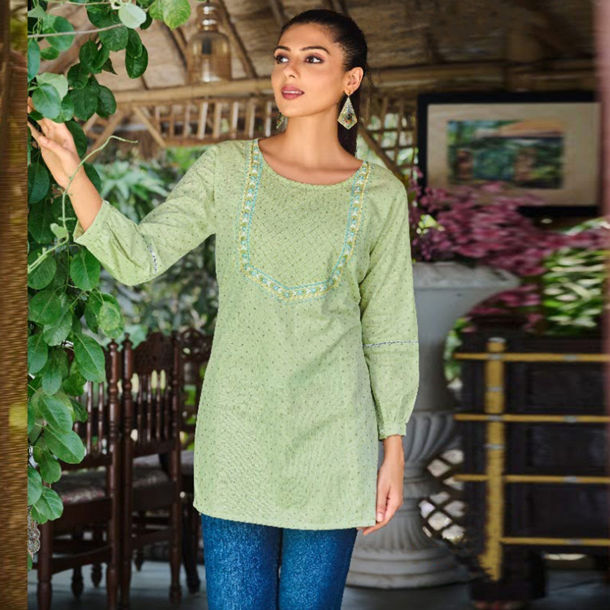 Green Printed Pure Cotton Top