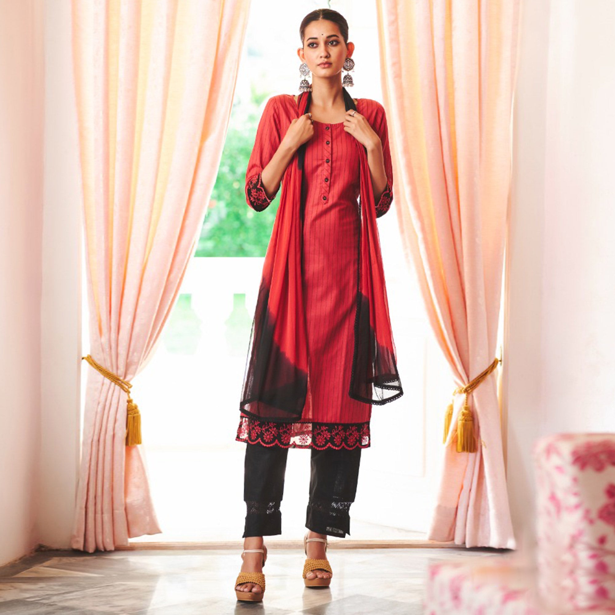 Red Striped Printed Pure Cotton Salwar Suit