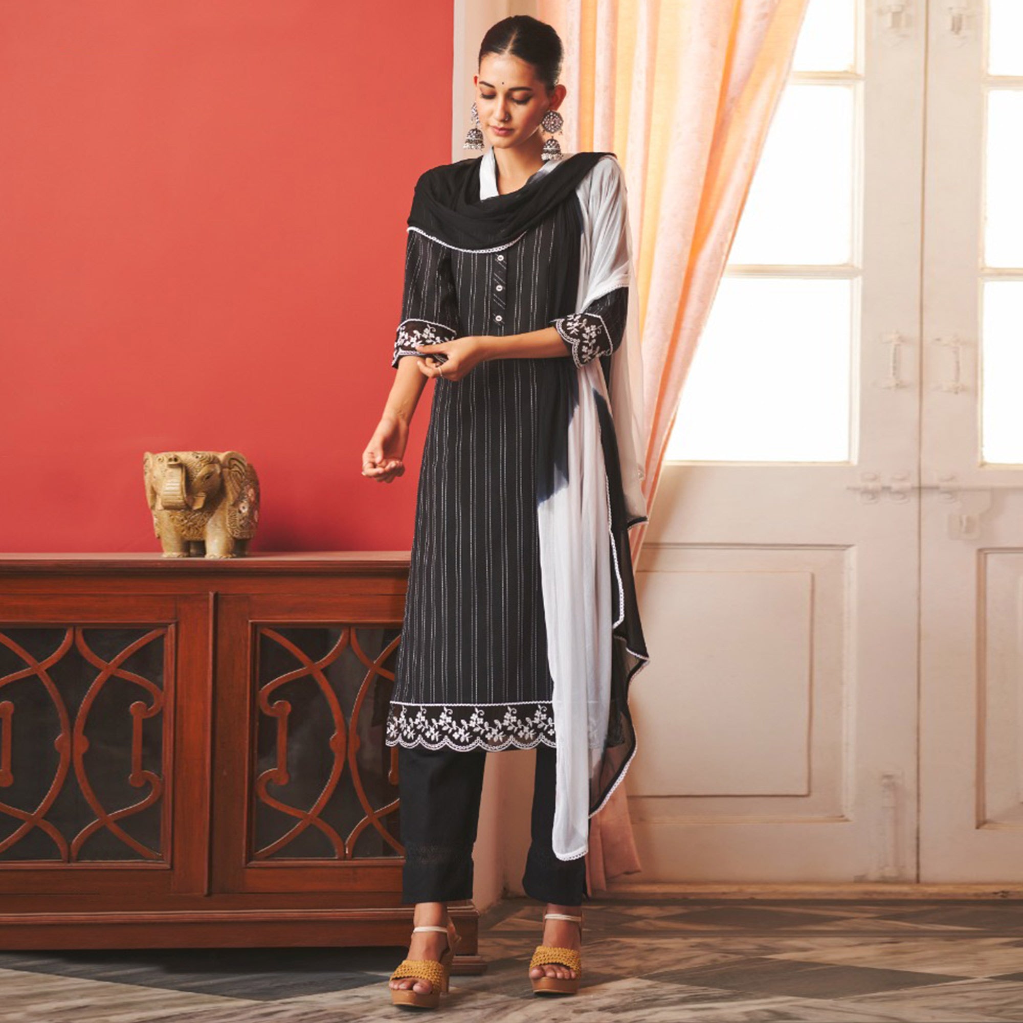 Black Striped Printed Pure Cotton Salwar Suit