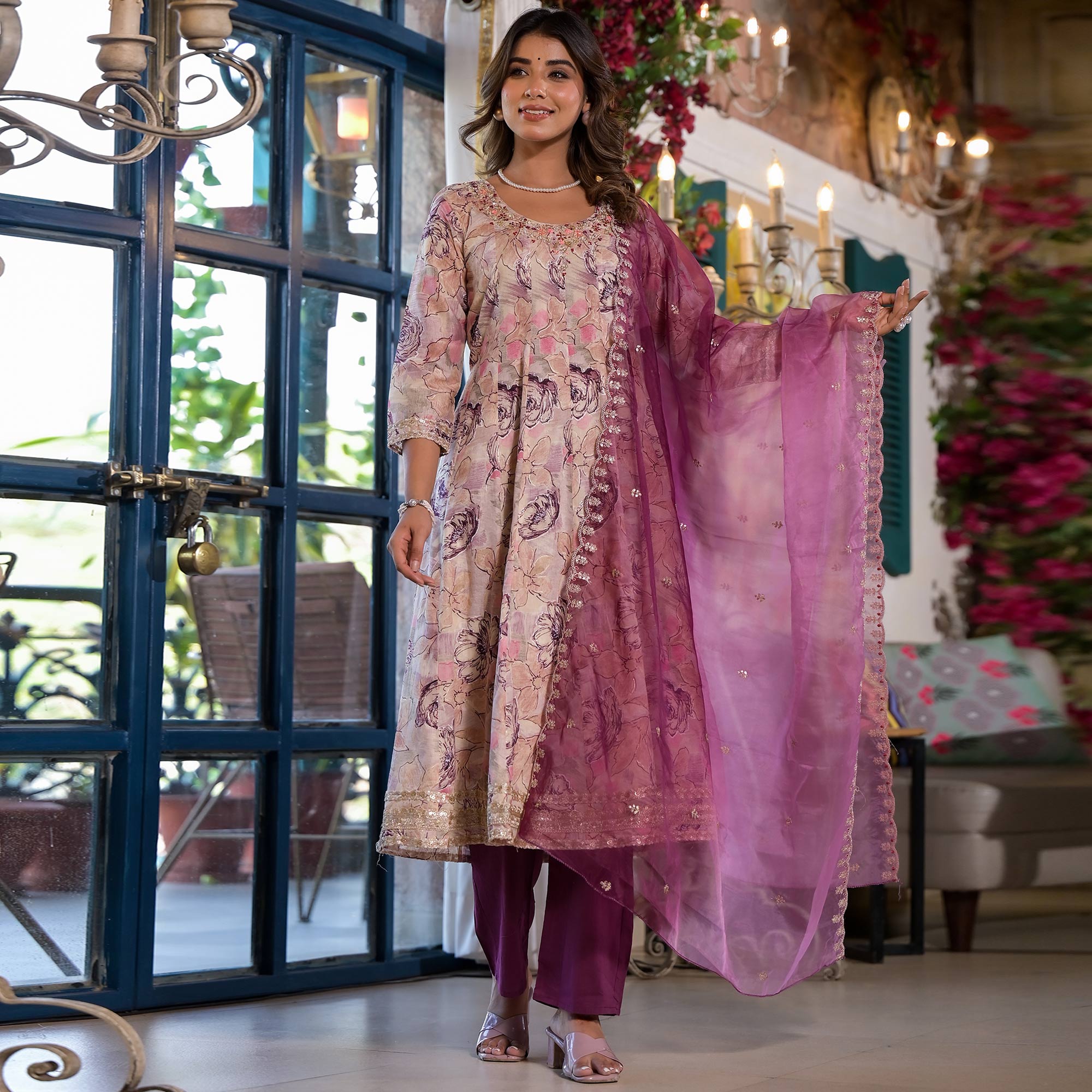Chikoo & Purple Floral Foil Printed Anarkali Mulmul Cotton Salwar Suit