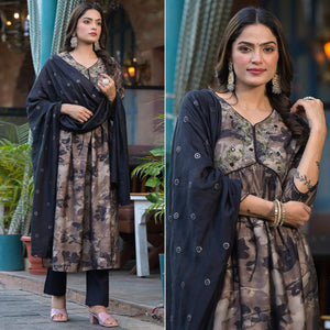 Chikoo & Black Floral Printed Alia Cut Chanderi Silk Salwar Suit