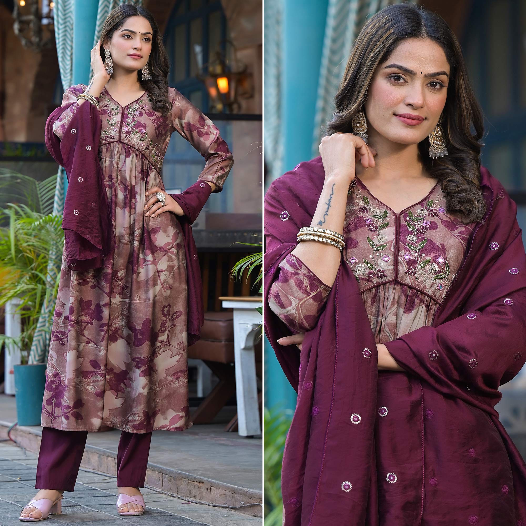 Chikoo & Wine Floral Printed Alia Cut Chanderi Silk Salwar Suit