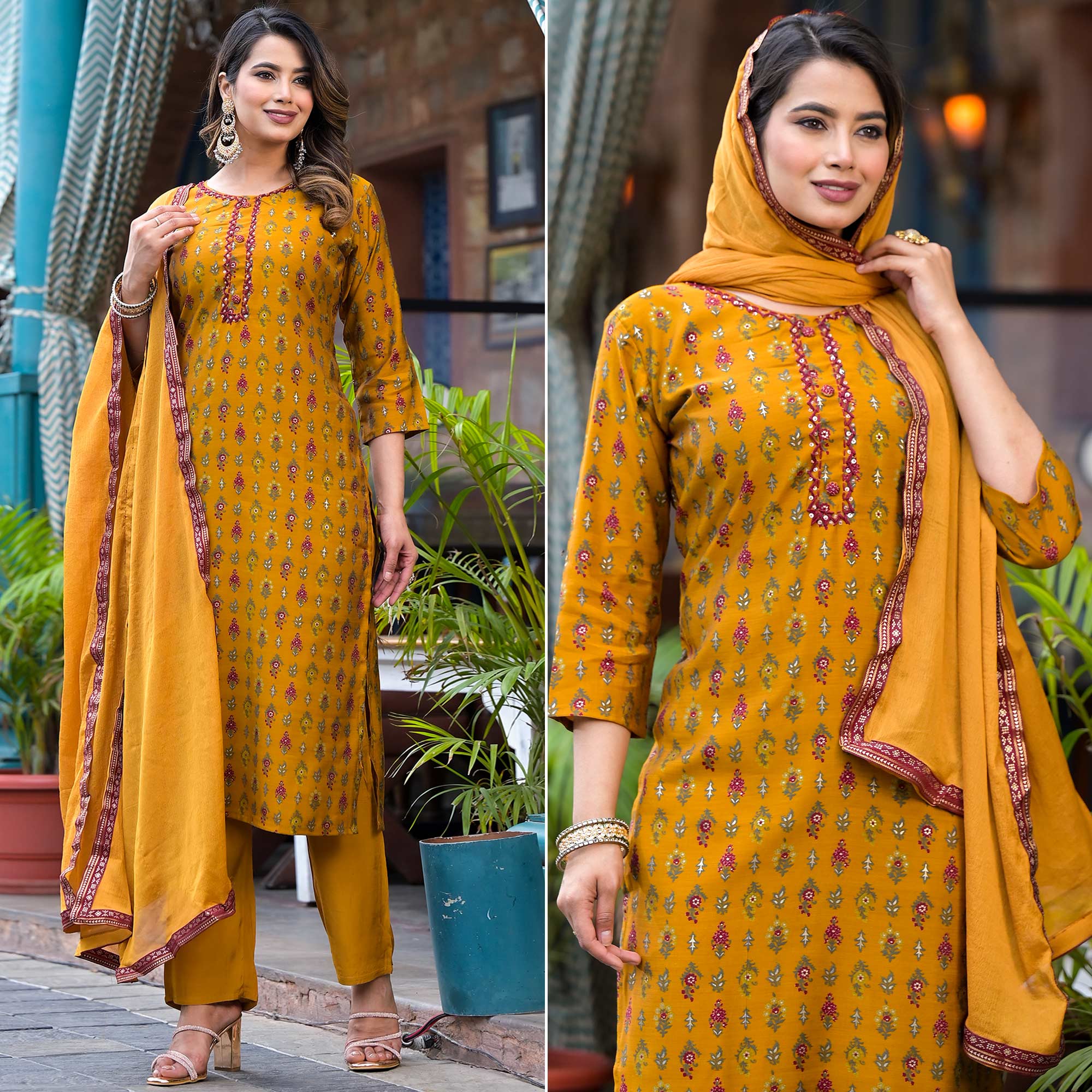 Mustard Floral Kantha Work Embroidered Chanderi Silk Salwar Suit