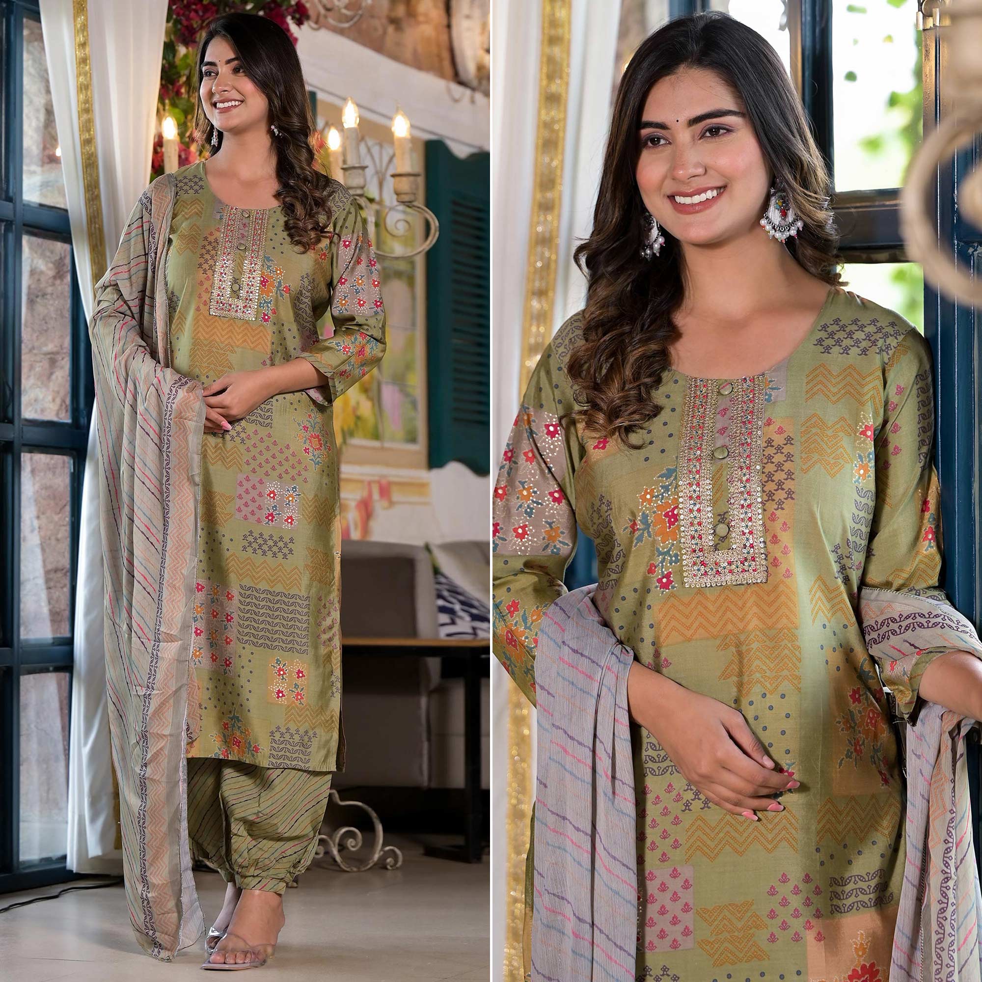 Green Digital Printed Chanderi Silk Salwar Suit