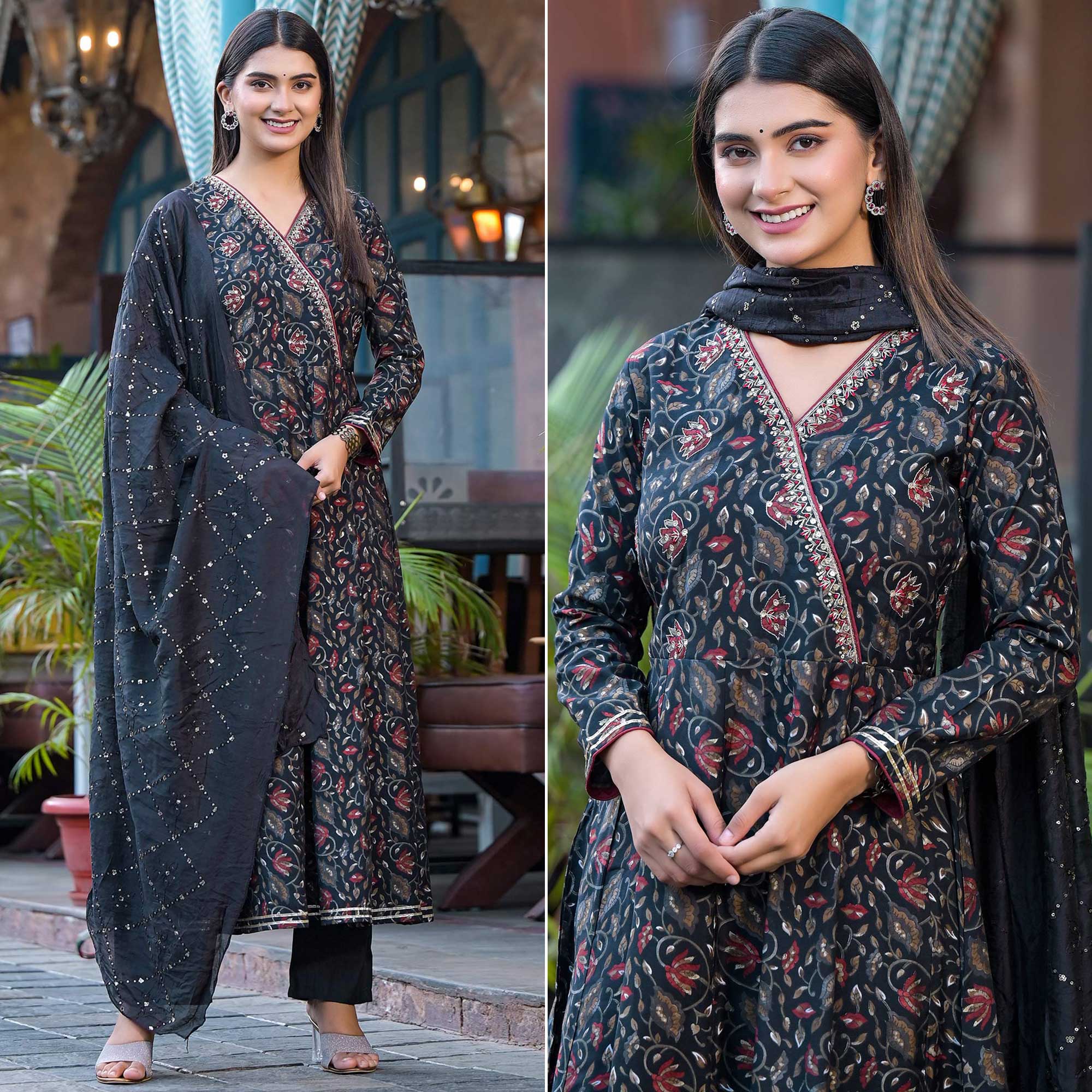 Black Floral Printed Chanderi Silk Anarkali Salwar Suit