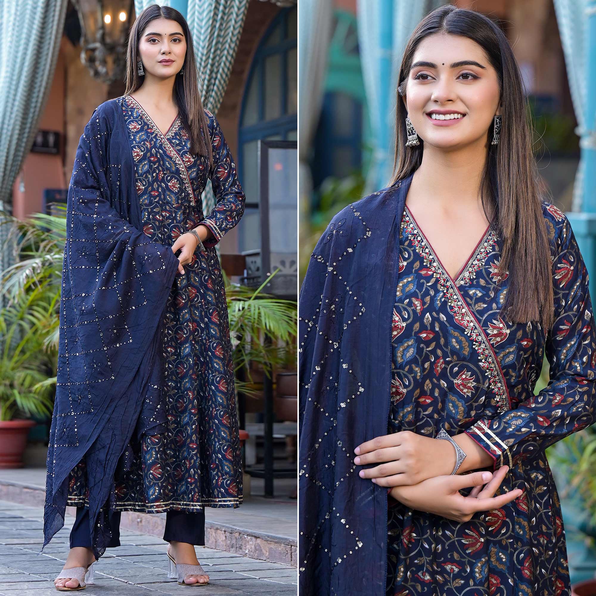 Blue Floral Printed Chanderi Silk Anarkali Salwar Suit