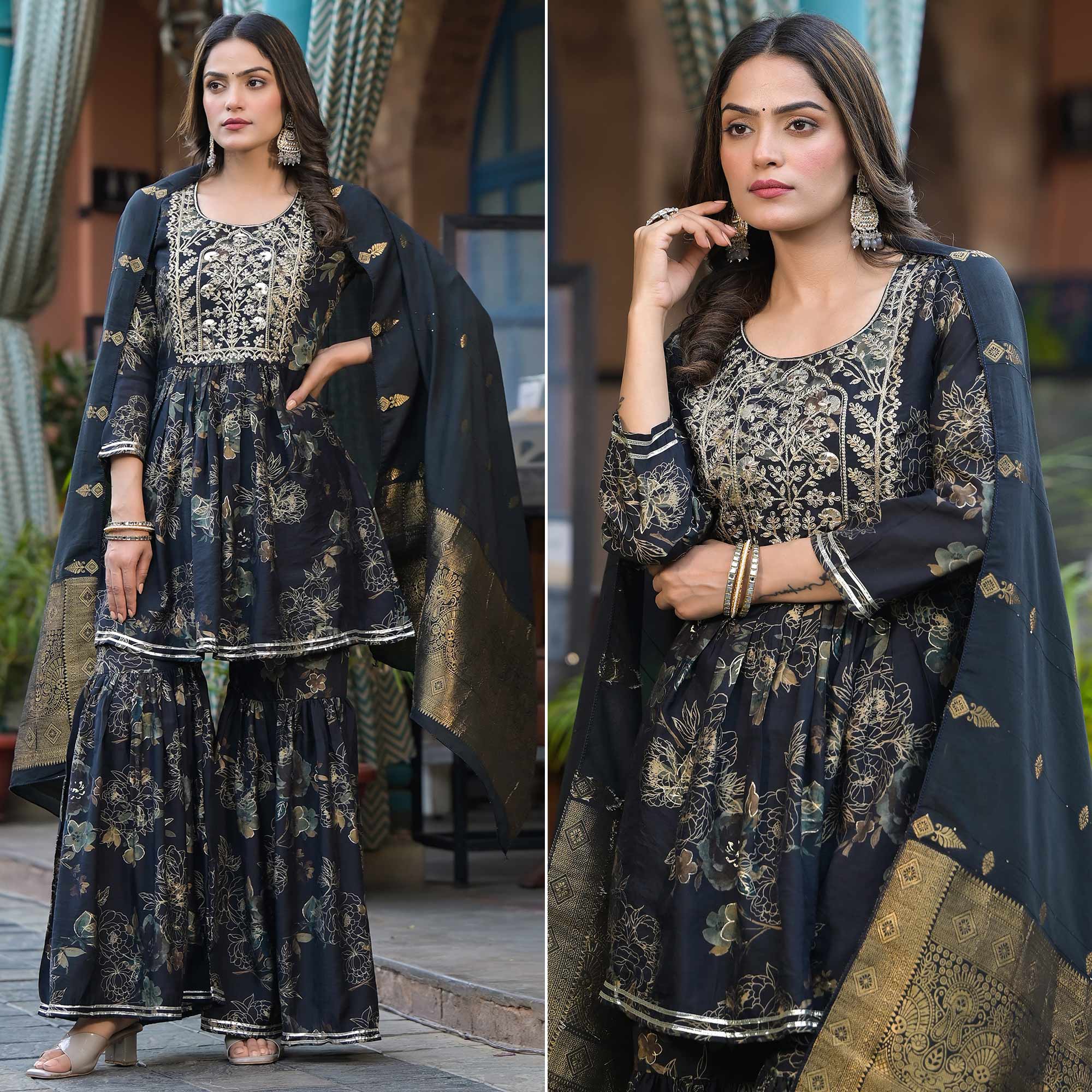 Black Floral Embroidered Chanderi Silk Sharara Suit