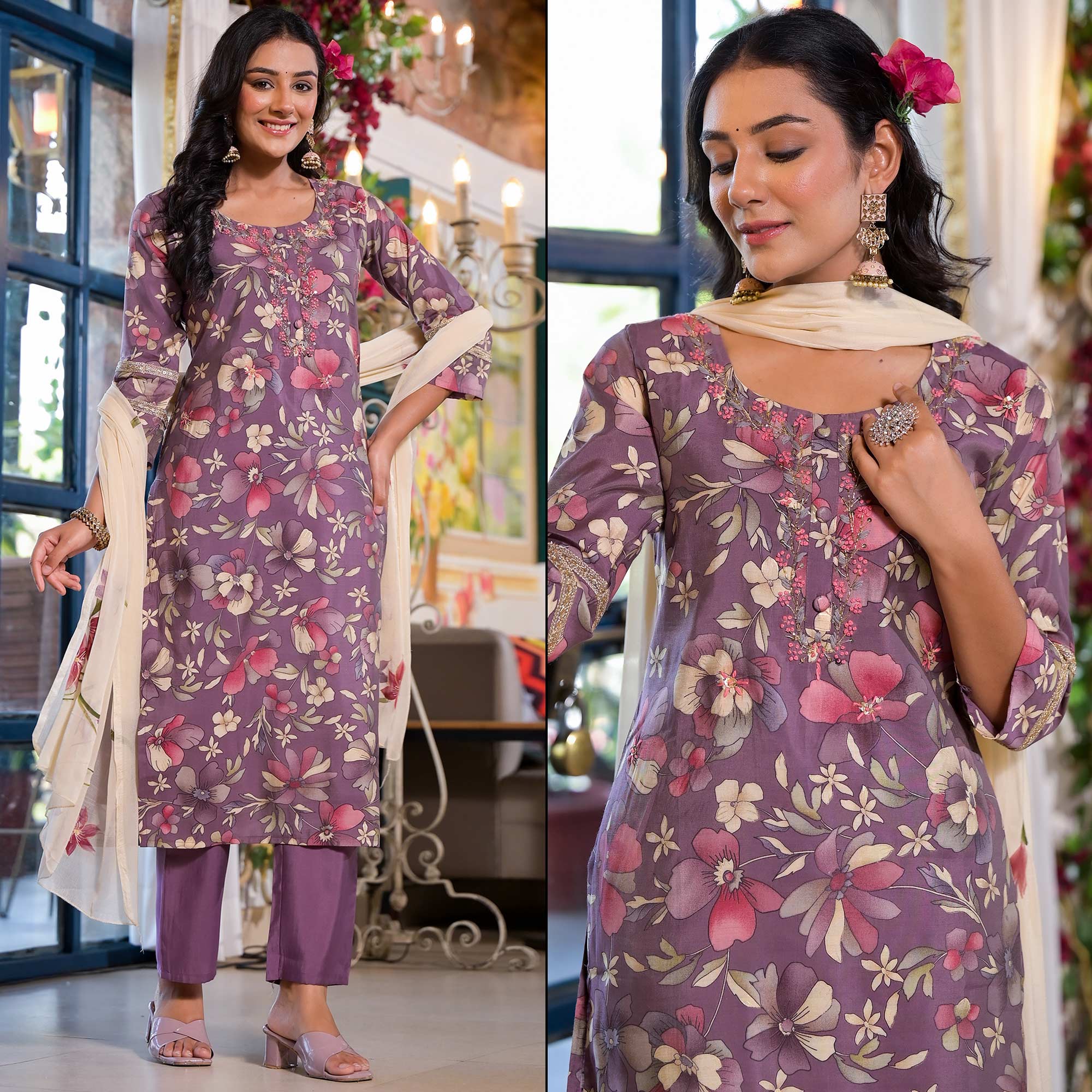 Plum Purple Floral Printed Chanderi Silk Straight Salwar Suit