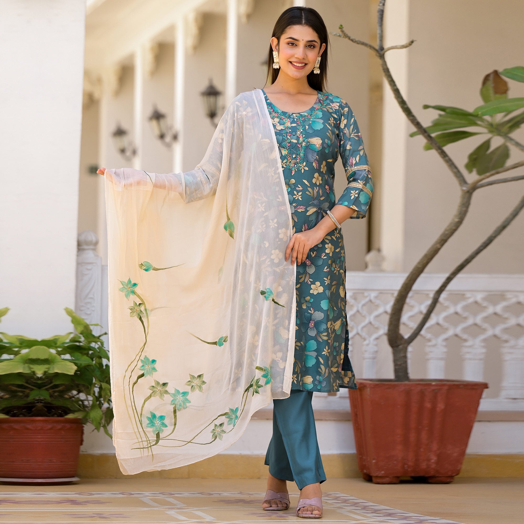Turquoise Floral Printed Chanderi Silk Straight Salwar Suit
