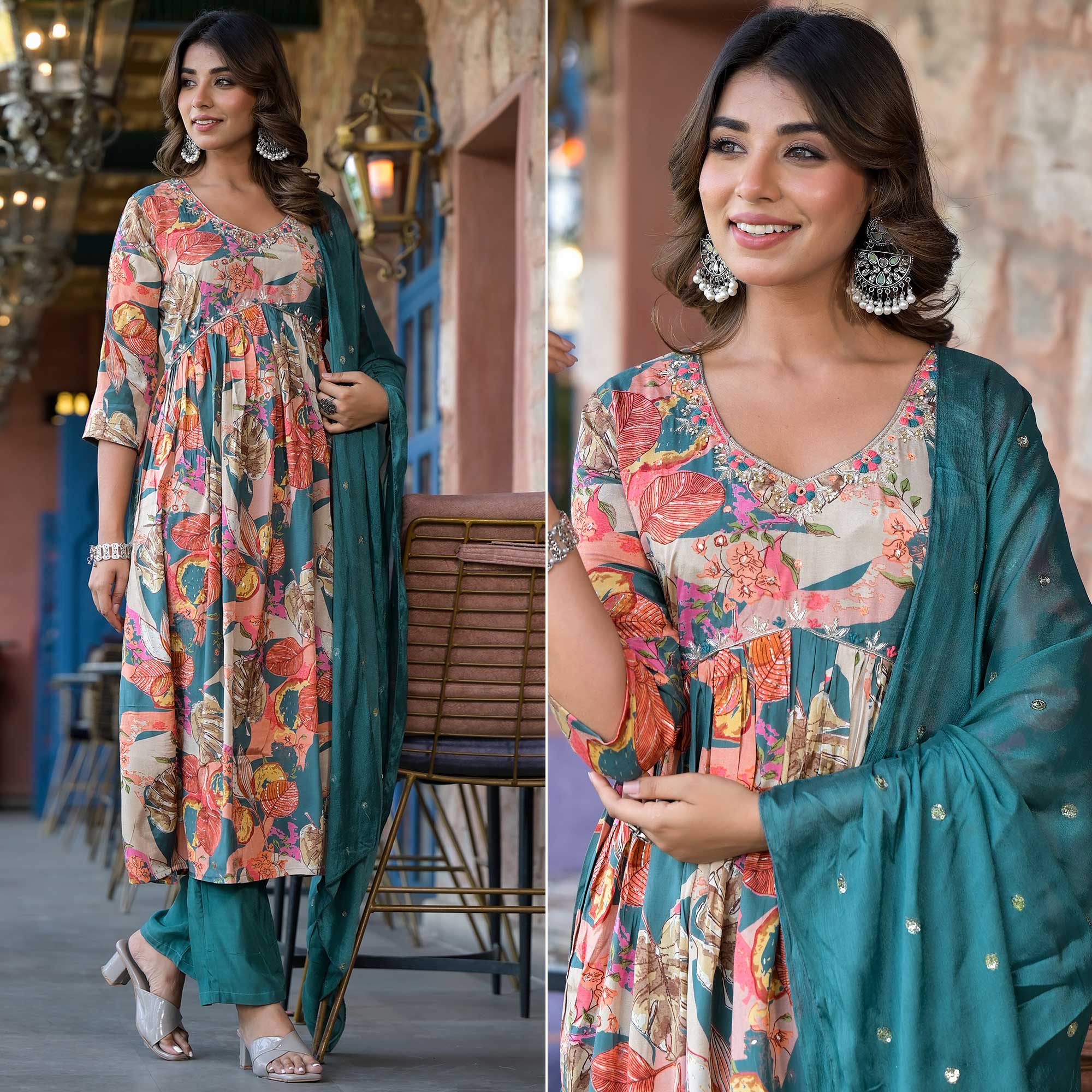 Teal Blue Floral Foil Printed Muslin Alia Cut Salwar Suit With Handcrafted