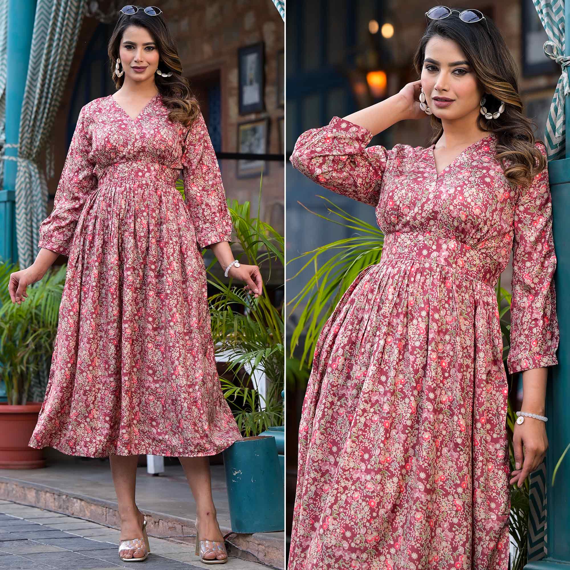Burgundy Floral Printed Muslin A-line Dress Burgundy Floral Printed Muslin A-line Dress