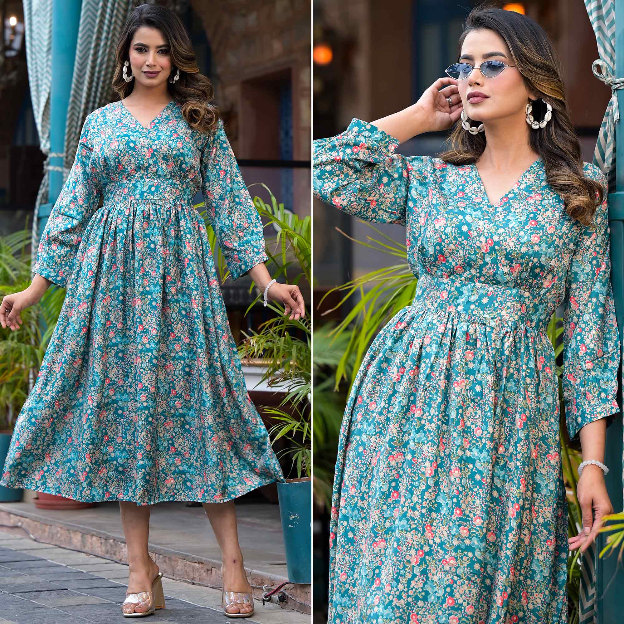 Turquoise Floral Printed Muslin A-line Dress