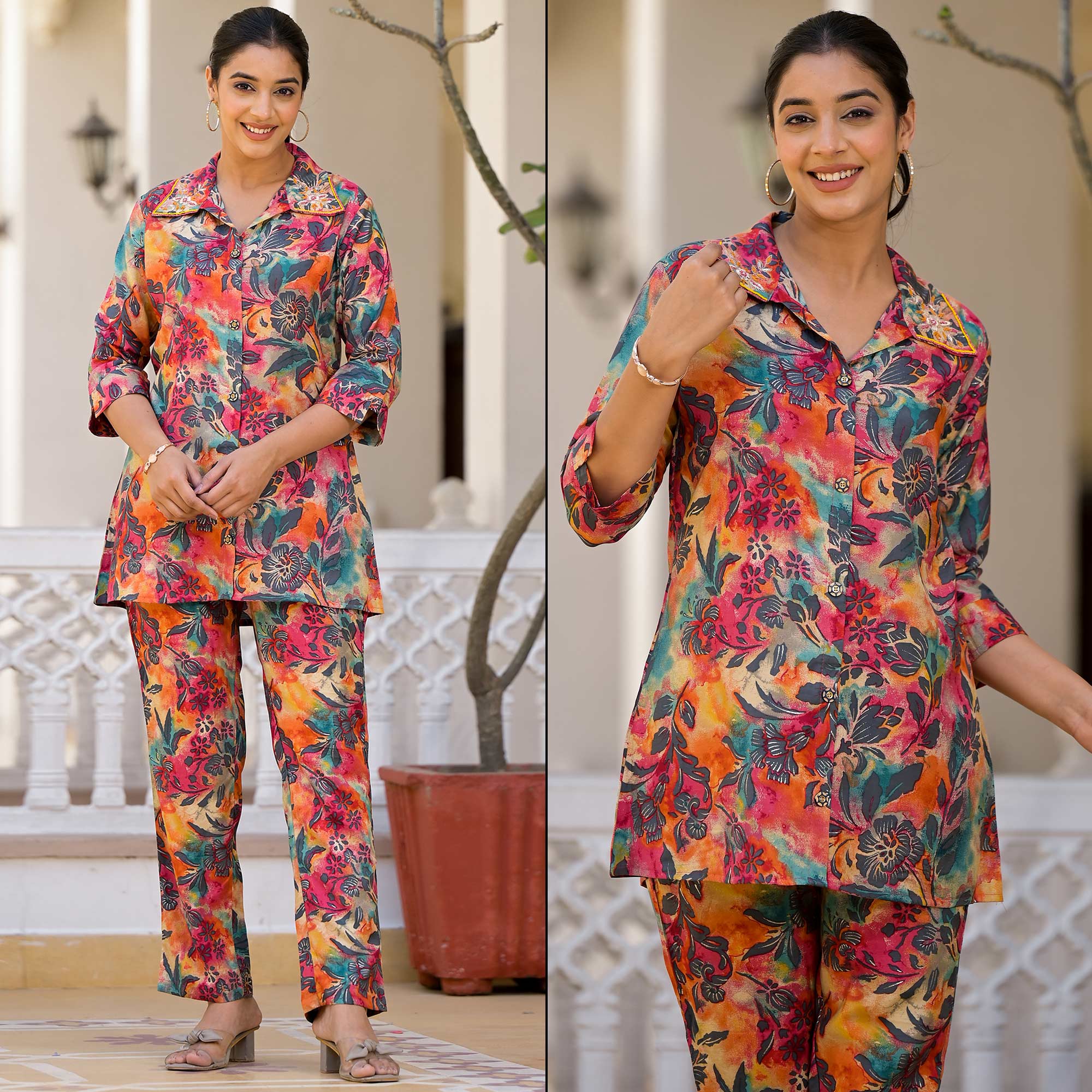 Pink Floral Foil Printed Chanderi Silk Co Ord Set