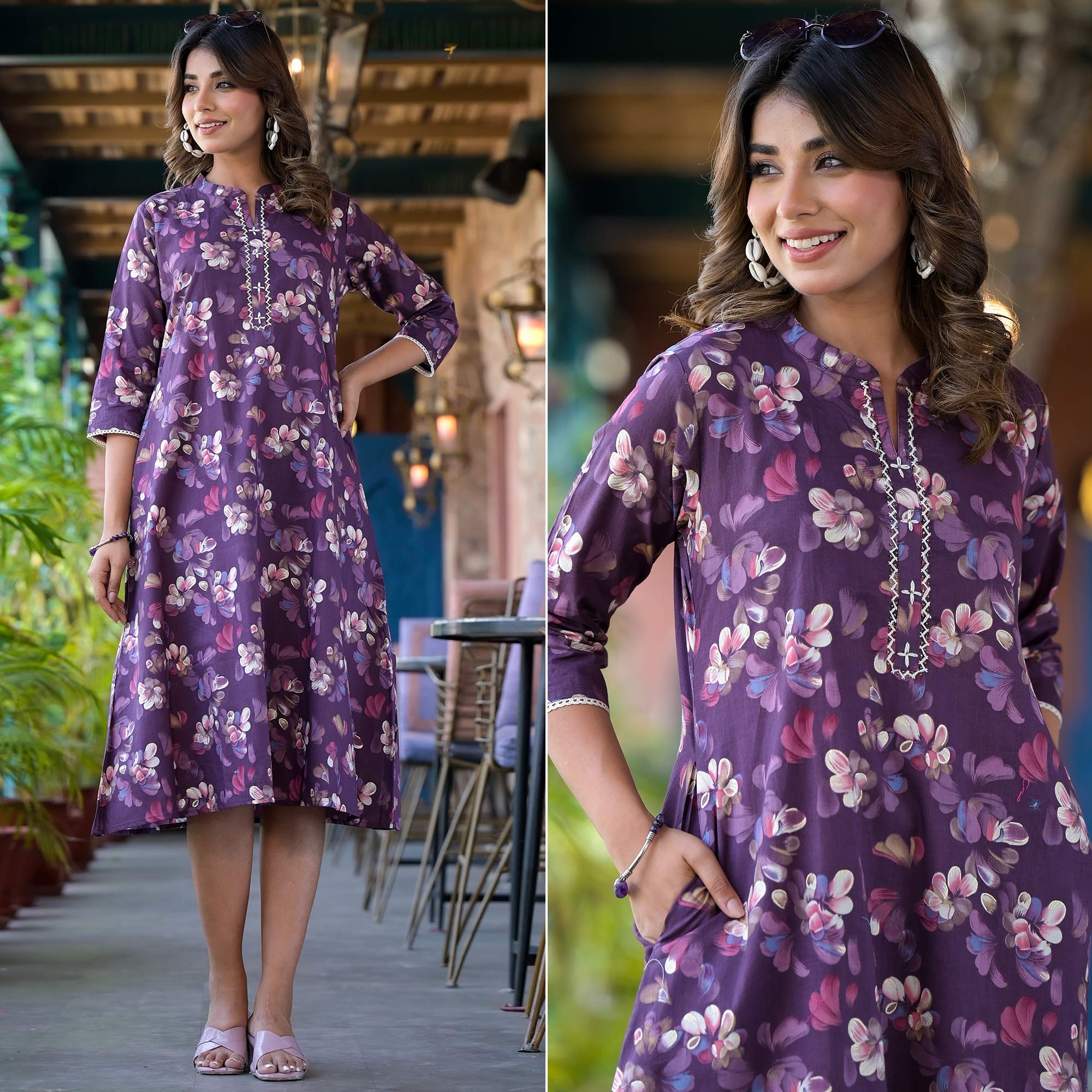 Dark Purple Floral Foil Printed Giza Cotton A-Line Dress