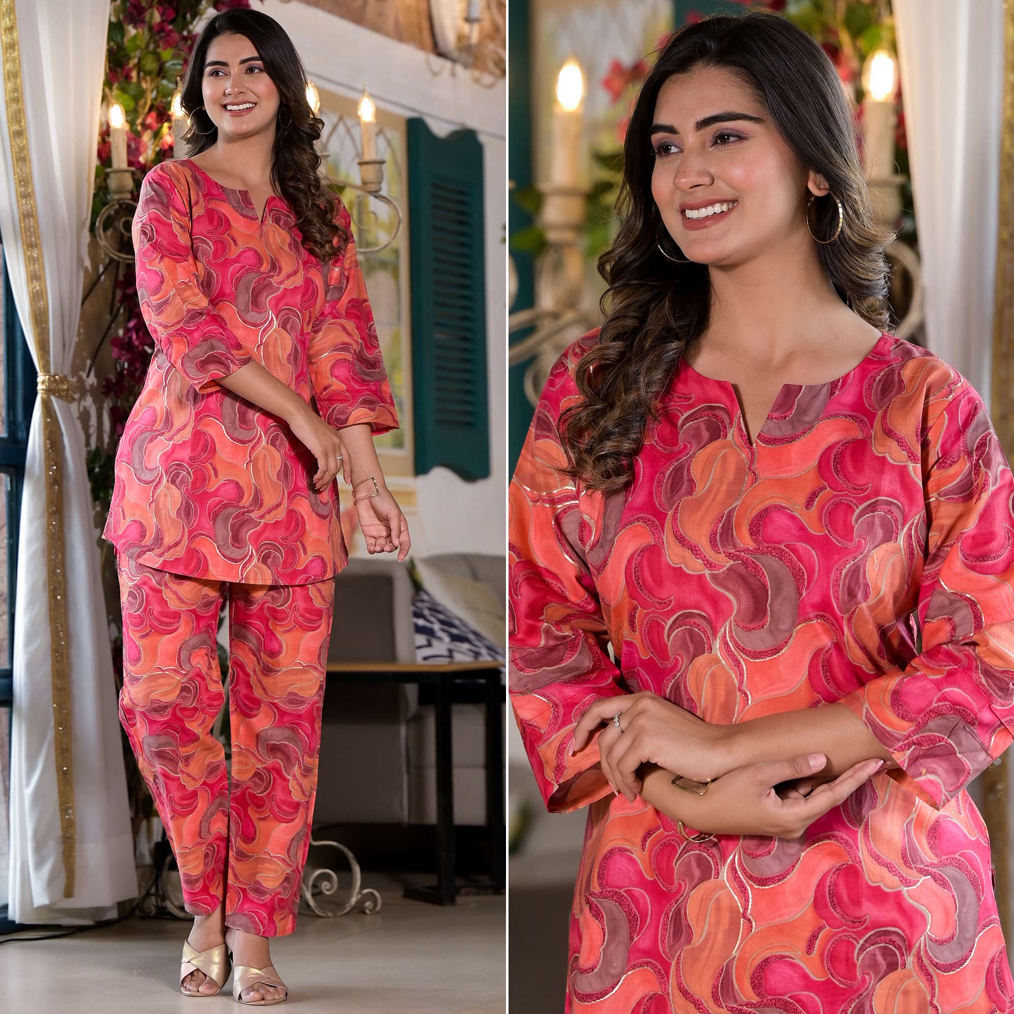 Peach Foil Printed Pure Cotton Co-Ord Set
