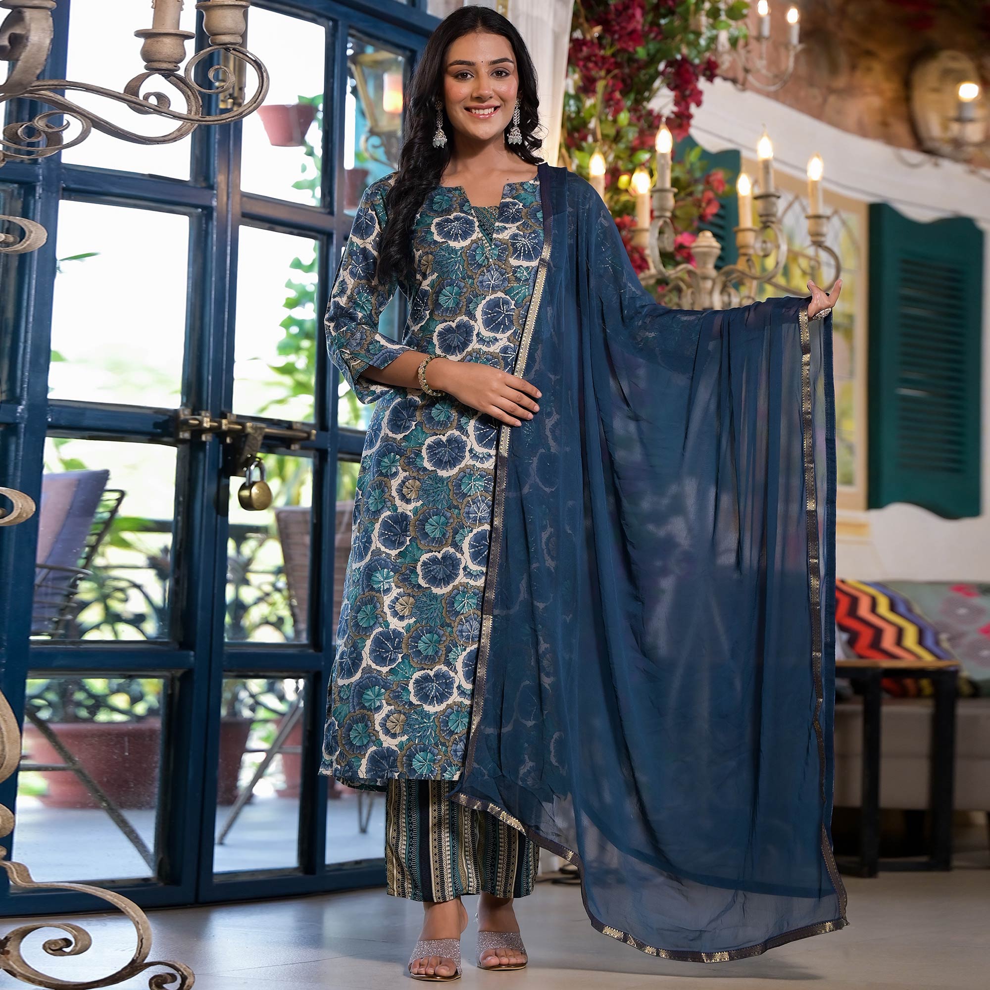 Blue Floral Foil Printed Rayon Straight Salwar Suit